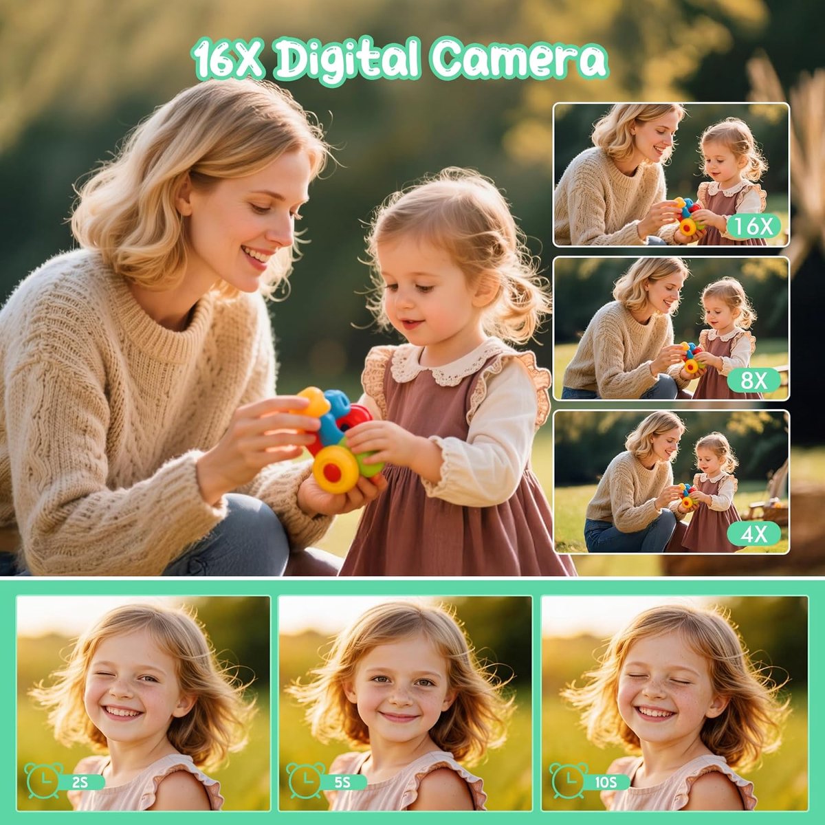 SnelShoppen - Digitale Camera 1080P 44MP Vlogging Camera voor Kinderen en Tieners - FHD Compact Camera met 2.4 Inch Scherm, 16x Zoom, Anti-Shake Mini thumbnail 4