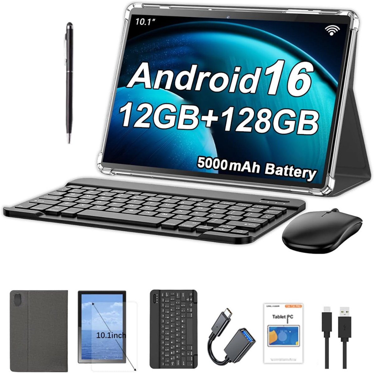 SnelShoppen - 10.1 Inch Android Tablet met 12GB RAM, 128GB Opslag, 5000mAh Batterij, 1280 x 800 Touchscreen, Bluetooth/WiFi, Inclusief Hoes, Toetsenbo