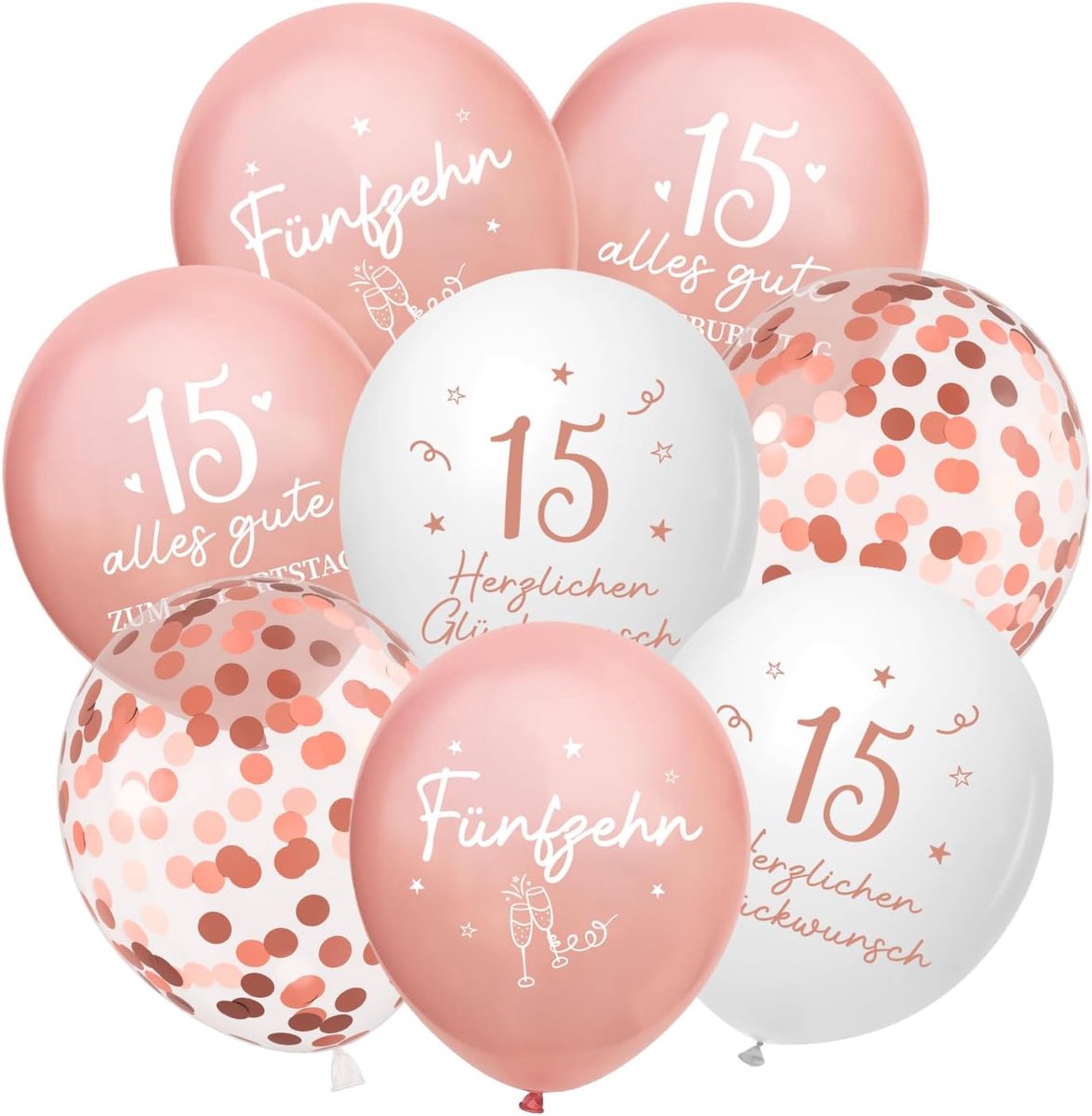 SnelShoppen - Ballonnen 15 Jaar Verjaardag, 24 Stuks Decoratie voor 15e Verjaardag Meisjes, Roze Goud 15e Verjaardagsballonnen, 15 Alles Gute zum Gebu