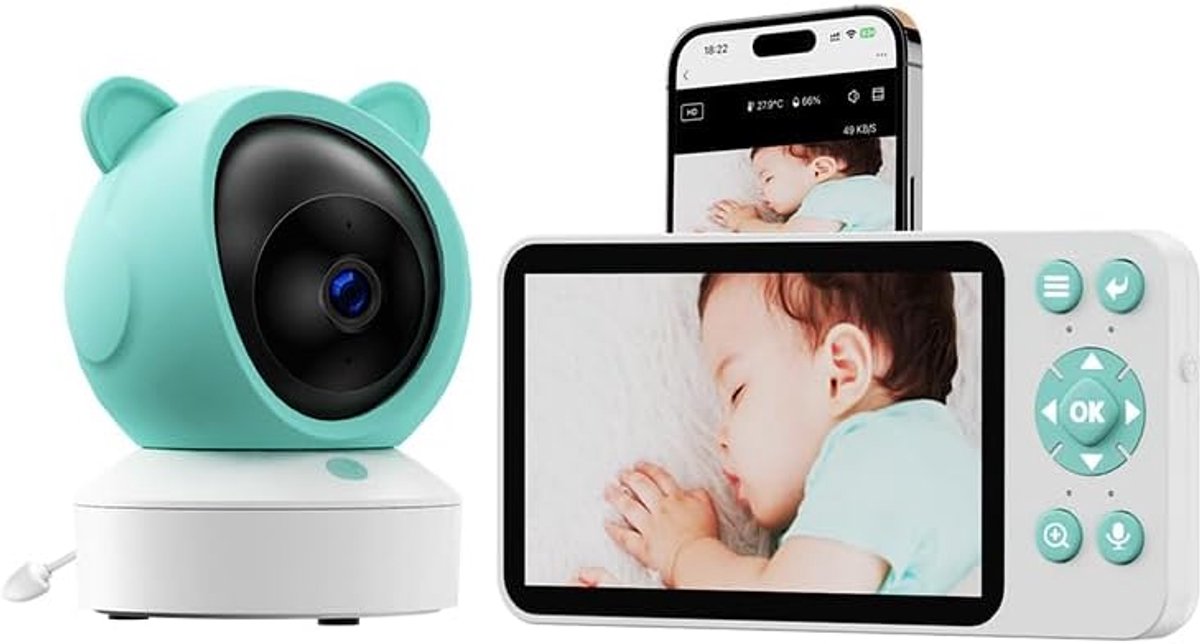 SnelShoppen - Babyfoon Met Camera En APP, 2K/5.0 inch WLAN Video Babyfoon, PTZ 360°, IR-Nachtsicht, Automatische Volging, 4× Zoom, Huilen/Beweging/Gel