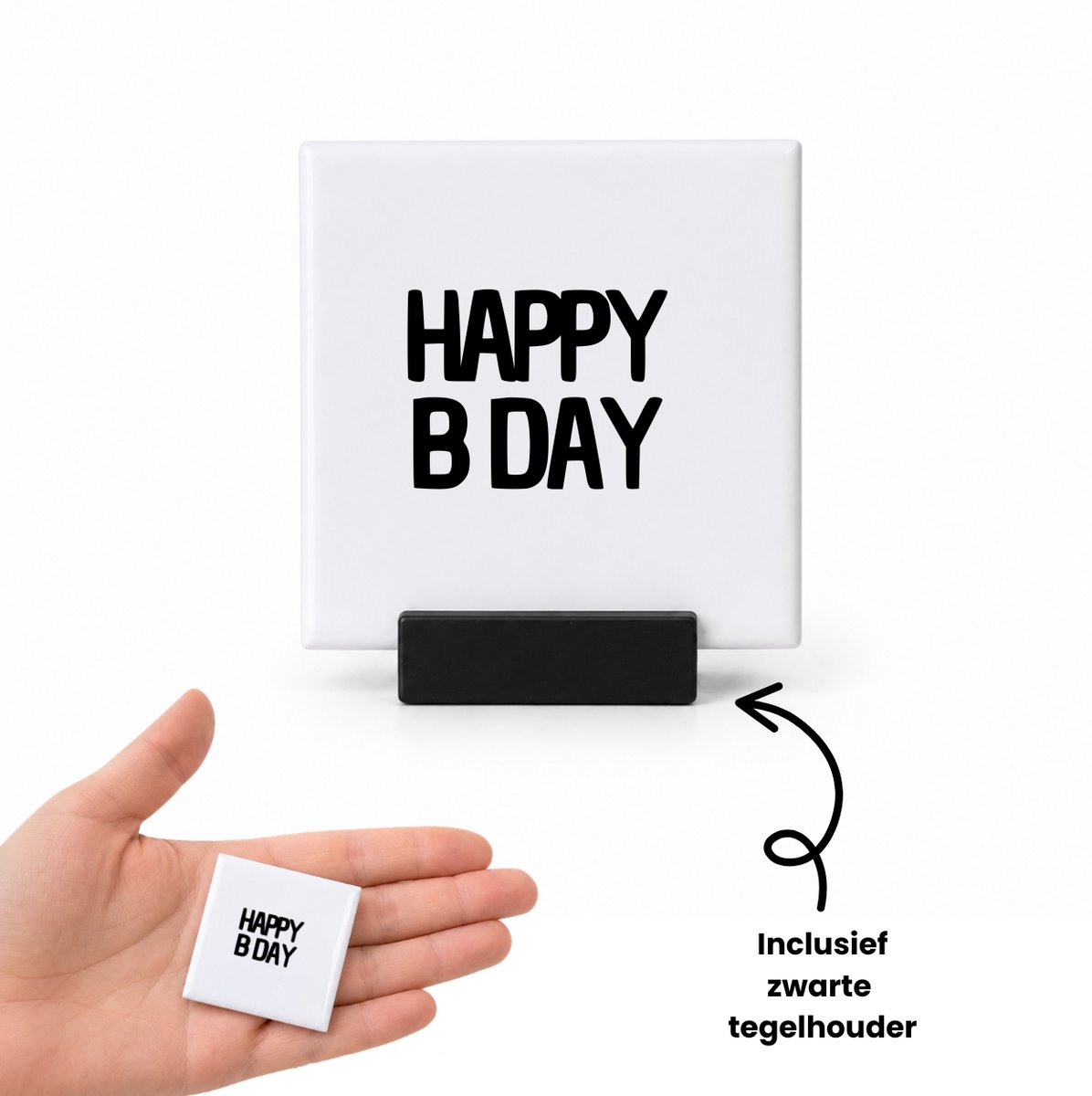 Hacebo Happy b day tegeltje met tegelhouder - Verjaardag - Familie vrienden - tegeltjes met tekst - Cadeau - spreuktegels - 4.8x4.8 CM Wit