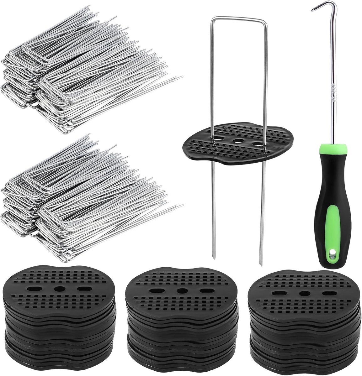 SnelShoppen - 100 Stuks U-Vormige Tuinpegs 15 cm + 100 Stuks Buffer Ringen - Sterke Stalen Weed Membrane Pegs voor Landschapsdoek, Mulch en Kunstgras