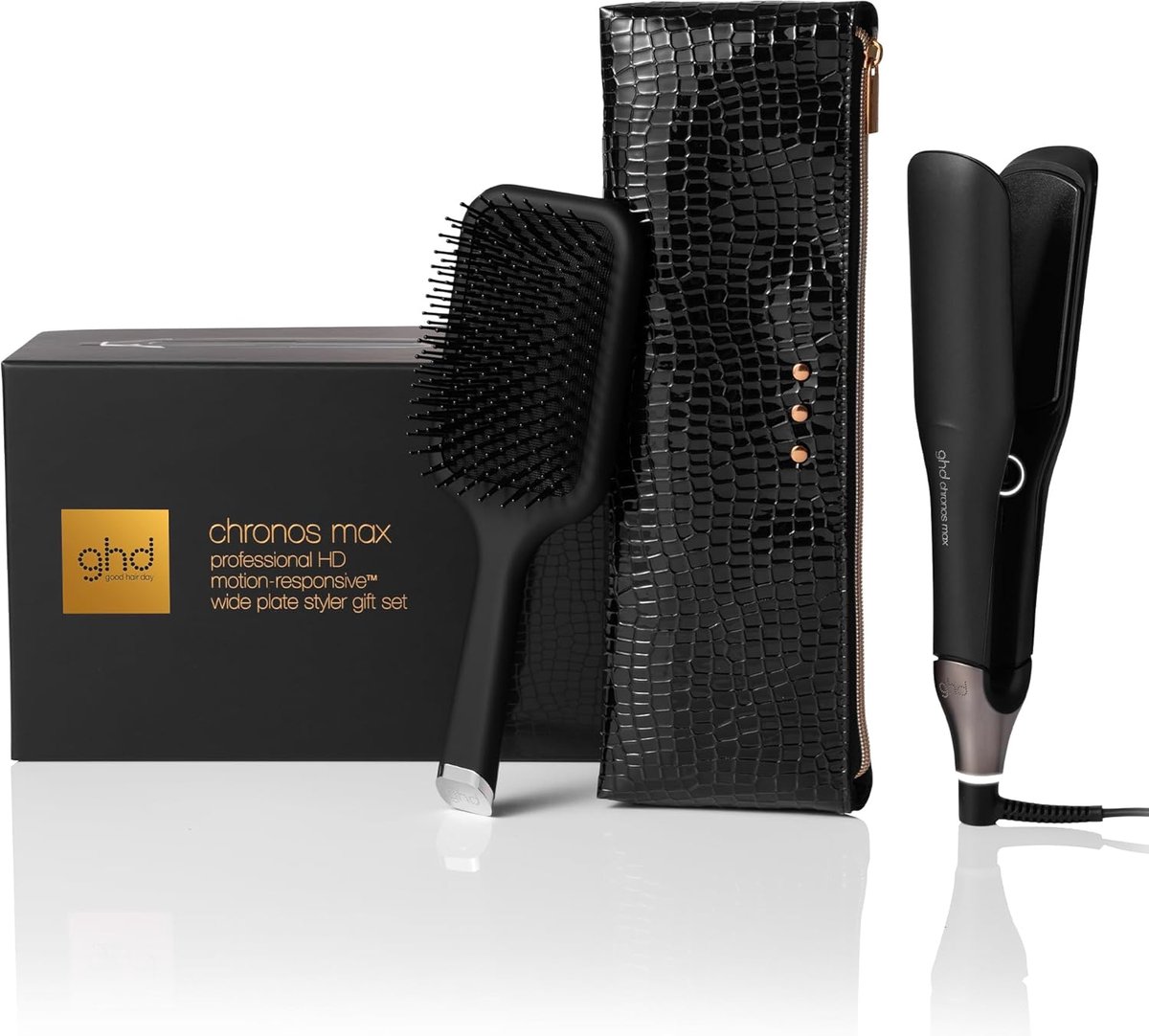 SnelShoppen - Styler Chronos Max Giftset - 3x Sneller Stylen met 85% Grotere Platen - Inclusief GHD Borstel en Hittebestendige Opbergzak - Zwart - Per