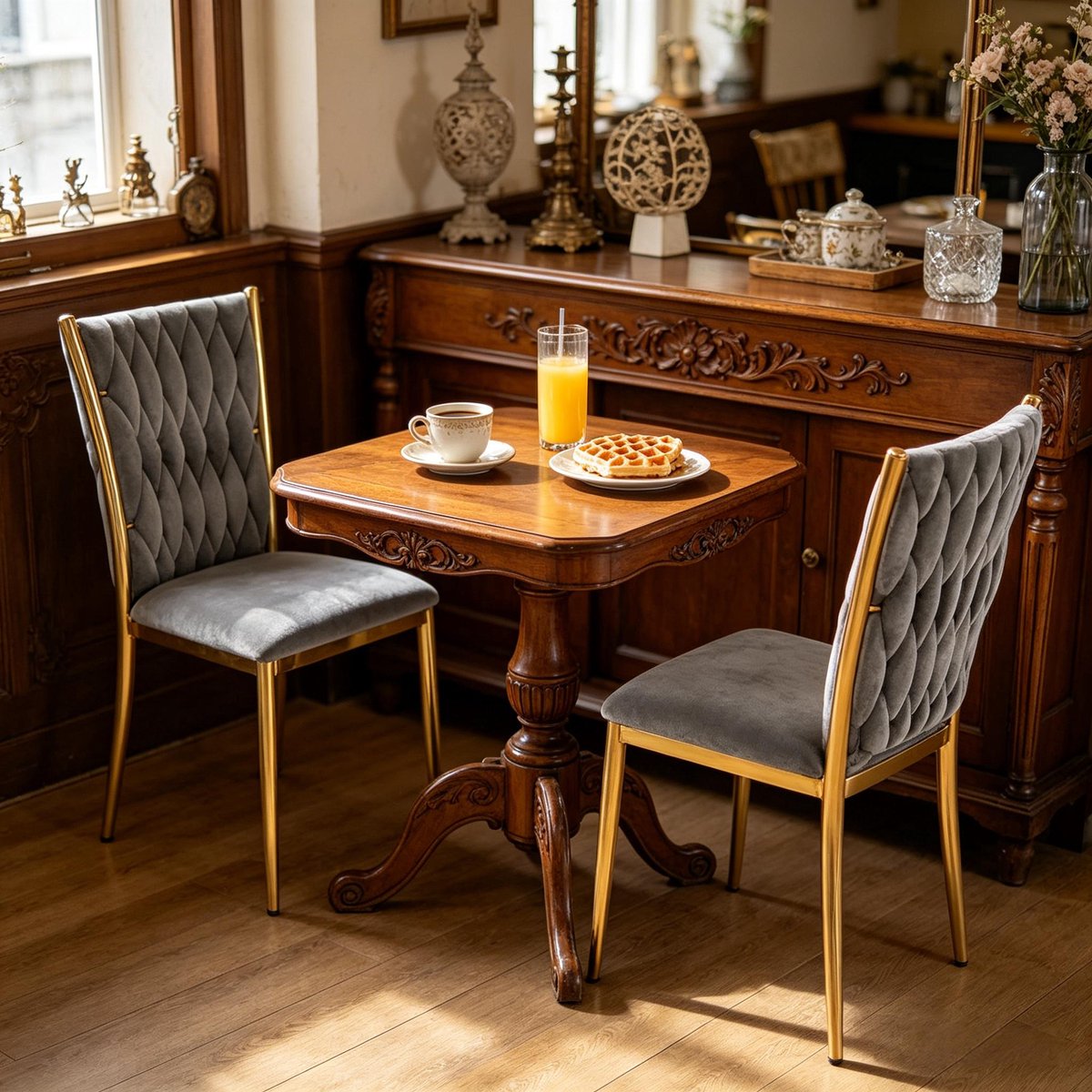 MEUNIQ eetkamerstoel set van 2 met hoge rugleuning, velvet zitting en metalen onderstel, 47 x 59,5 x 94,5 cm, donkergrijs en goud