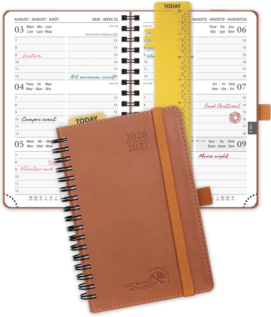 SnelShoppen - Pocket Agenda 2026-2027 Weekly Planner 16x10.5 cm, Spiraalbinding, Zachte Bruine Omslag, 17 Maanden, 80 GSM Papier, Ideaal voor Studente