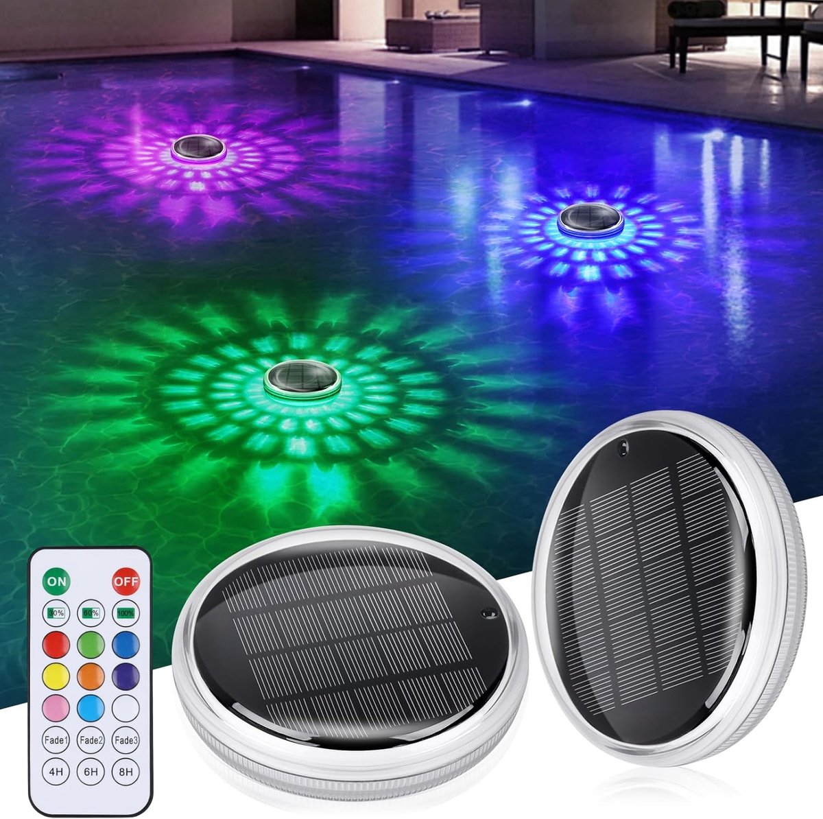 SnelShoppen - Solar Pond Lights - 2 Stuks Drijvende Tuinlampen met Afstandsbediening - 12 Kleurige RGB Timer - IPX7 Waterdichte Solar Pool Verlichting