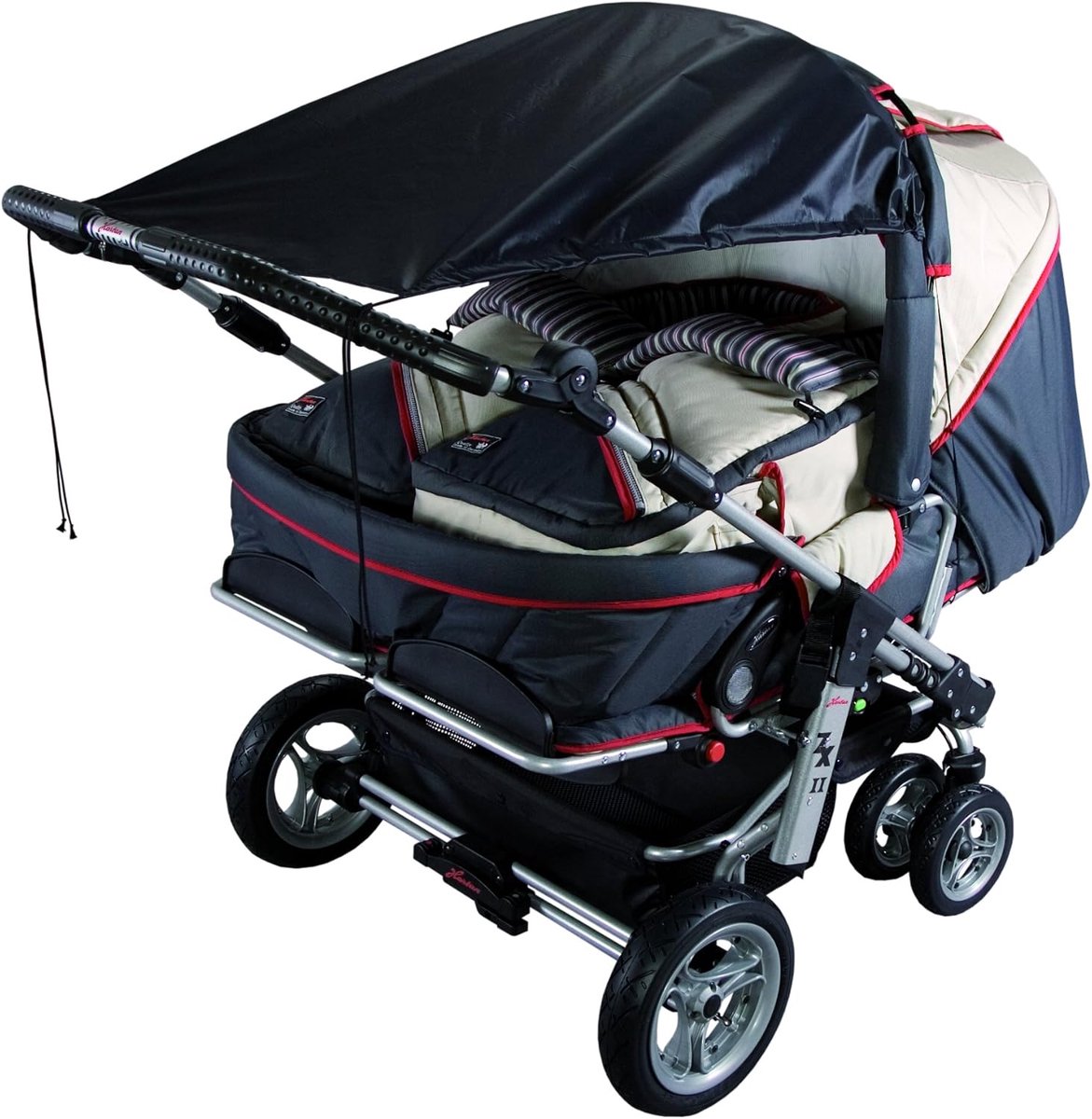 SnelShoppen - Dubbele Kinderwagen Zonnescherm UPF 50+ Zwart - Geschikt voor Dubbele Kinderwagens met Kap - Verstelbaar, Hoogwaardige UV Bescherming, M