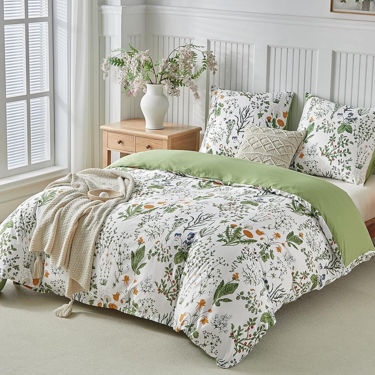 SnelShoppen - Luxe Beddegoed Set 200x200 cm met Bloemmotief, Microvezel Dekbedovertrek voor Tweepersoonsbed, Inclusief 2 Kussenslopen 80x80 cm, Groen,