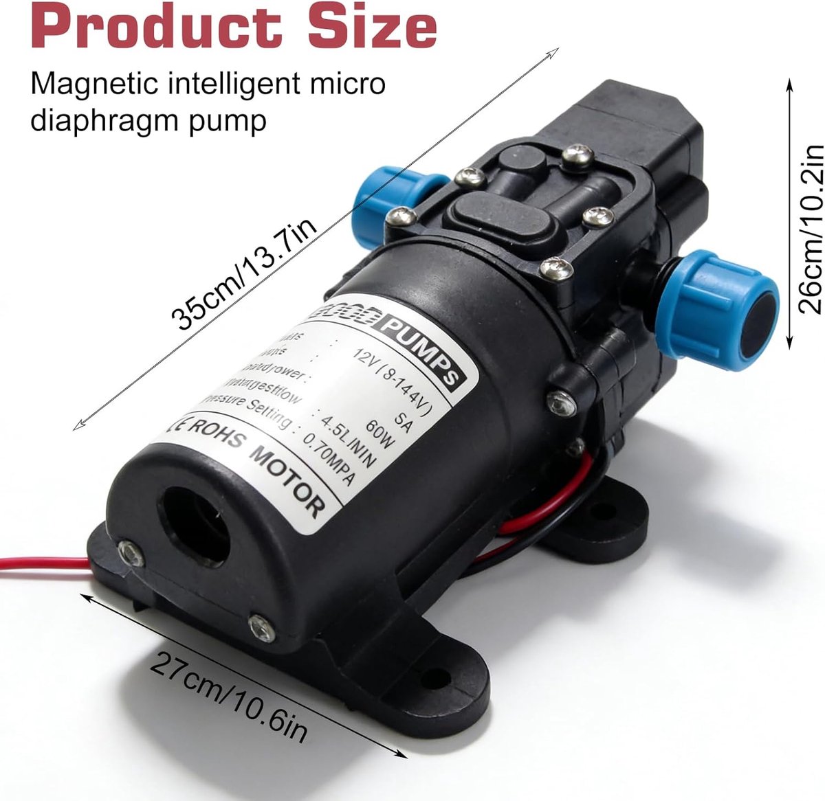 SnelShoppen - 12 V Waterpomp, Zelfaanzuigende Diaphragma Pomp met Druksensor, 60 W, 4.5 L/Min voor Tuinirrigatie, Caravans, Botens, Motorhomes