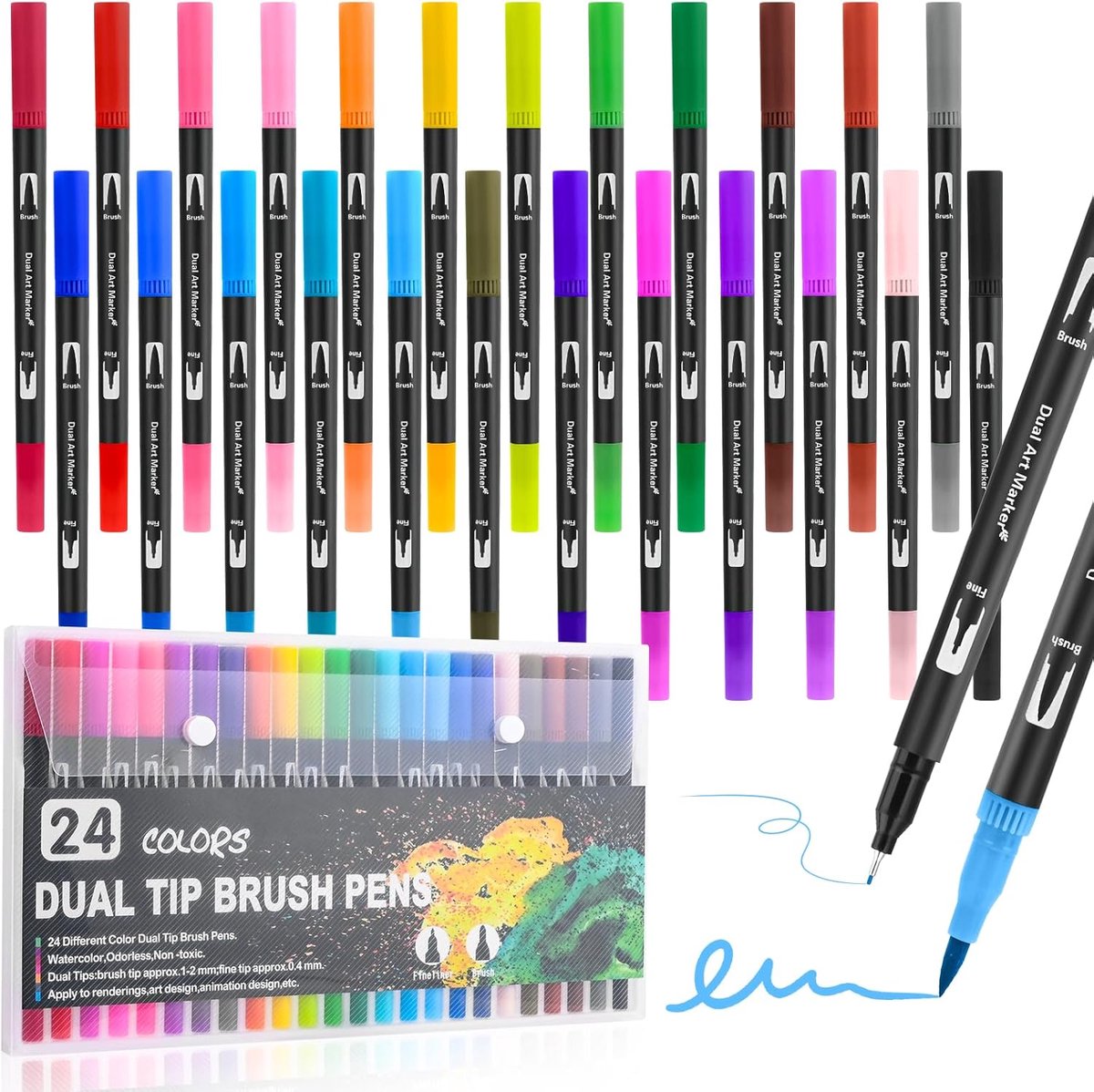 SnelShoppen - 24 Kleuren Dual Brush Pen Set - Dubbele Fibralijnen - Viltstiften voor Volwassenen en Kinderen - Waterbestendig voor Kleurprojecten, DIY