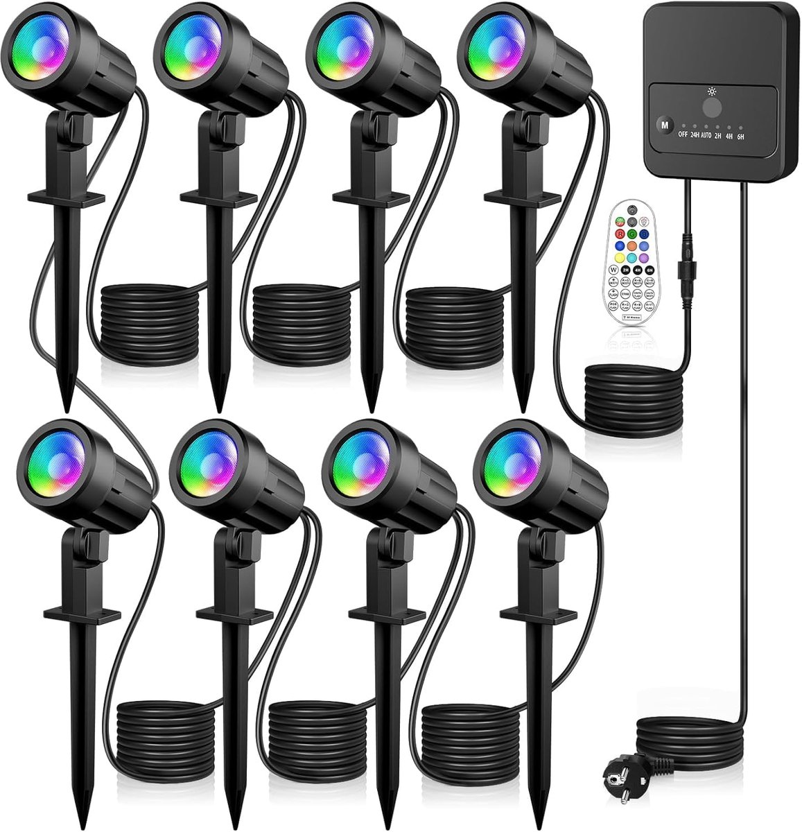 SnelShoppen - RGB Tuinverlichting met Afstandsbediening, 10 Kleuren, 30 Dynamische Modi, IP66 Waterdicht, Timerfunctie, 8 Stuks, Ideaal voor Buiten, T
