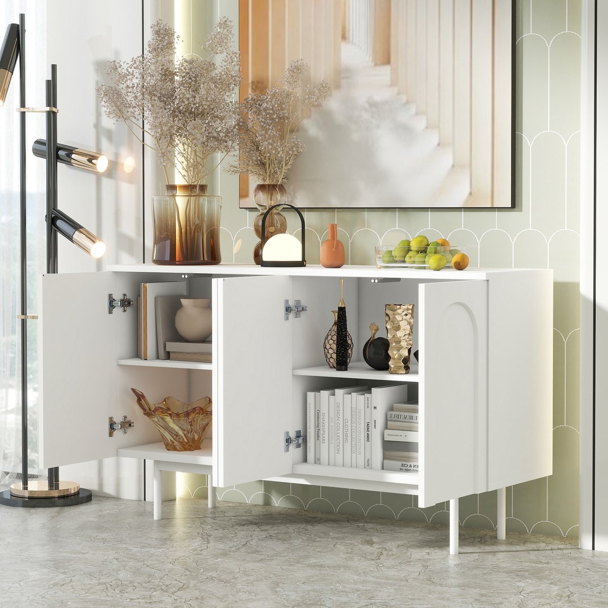 Wishdor - Dressoir - 4 deuren met boogpatroon - verstelbare planken en dichte opbergruimte - modern design - woonkamer of eetkamer - houtlook en metaal - wit - 140 x 42 x 80 cm