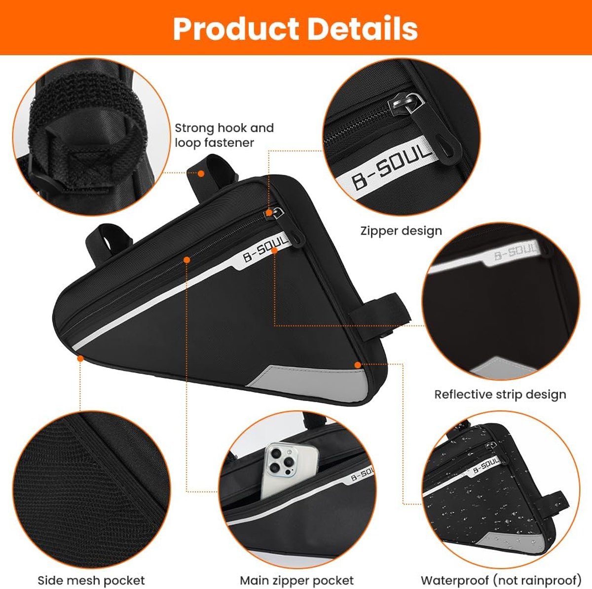 SnelShoppen - Waterproof Fietstas voor Fietsframe, Grote Capaciteit 29x20x5cm, Reflecterende Strip, Triangle Fietstas met Mesh Achtervak voor Mountain