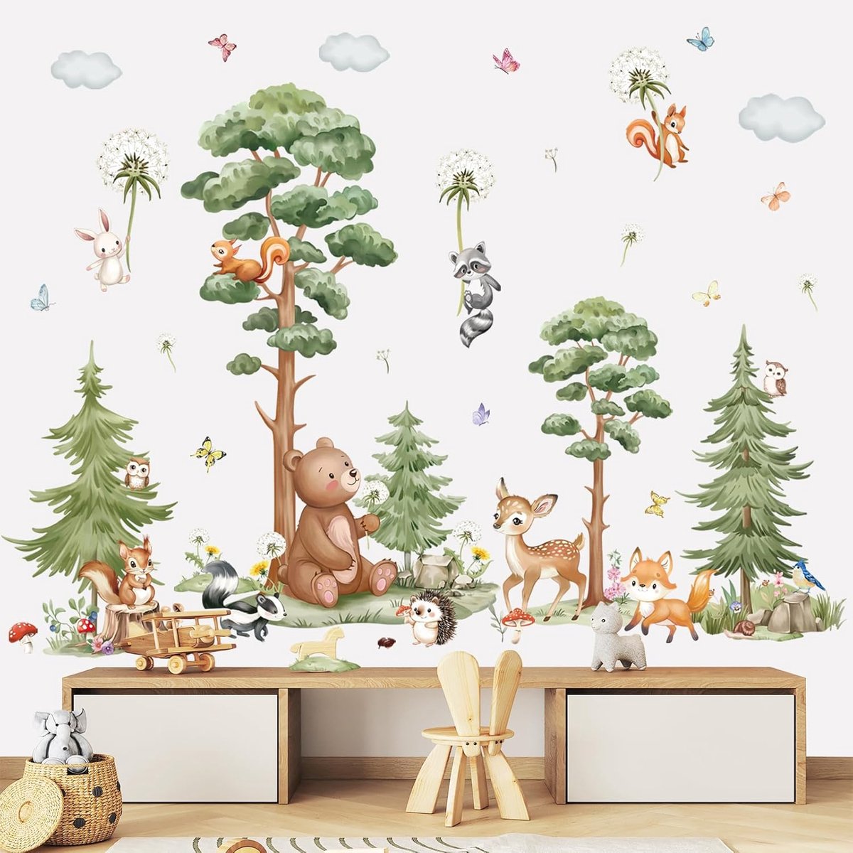 SnelShoppen - Grote Wanddecoratie Muurstickers Bosdieren Beren Herten Paardenbloemen Zelfklevend PVC voor Kinderkamer Babykamer Slaapkamer