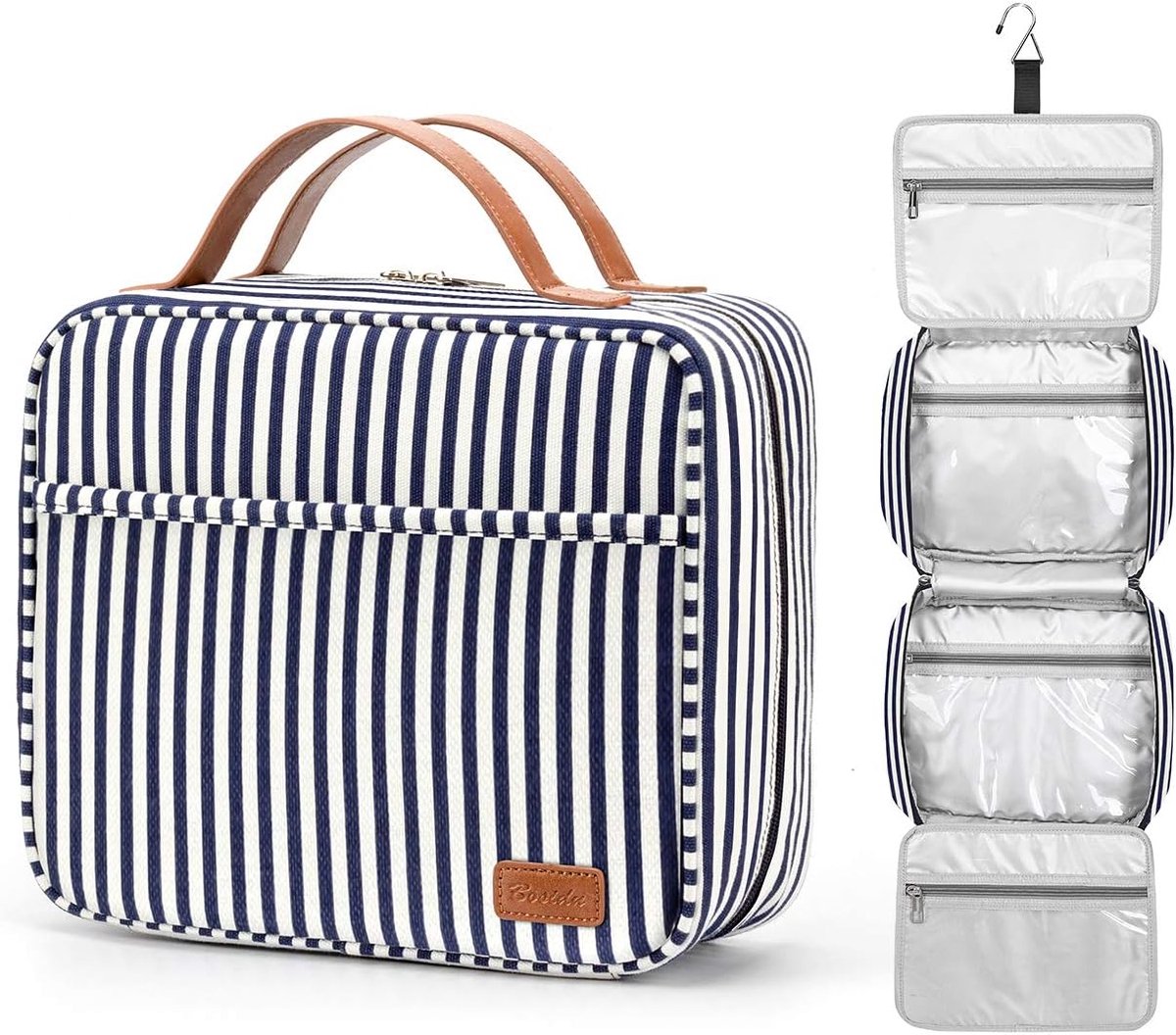 SnelShoppen - Toiletry Bag voor Hangen - Grote Reistoilettas - Cosmetica Organizer met 4 Compartimenten en Sterke Haak - Blauw - Ideaal voor Vakanties