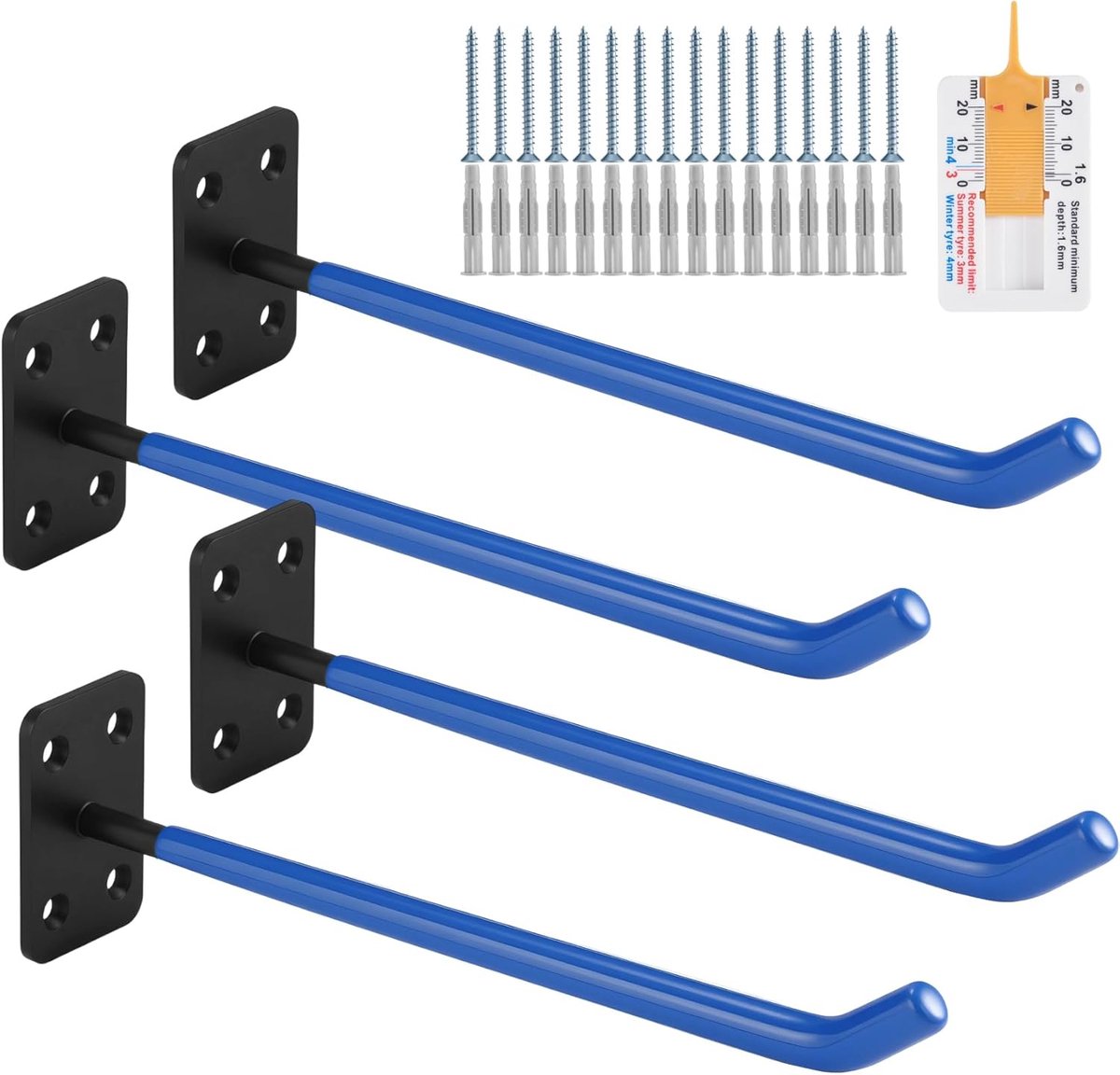 Thijox - Banden Muurhaken 4-delig, 29.5 cm Autobandenhouder met PVC Bescherming, 50 kg Draagkracht, Inclusief Schroeven, Blauwe Garagehaken voor Autob
