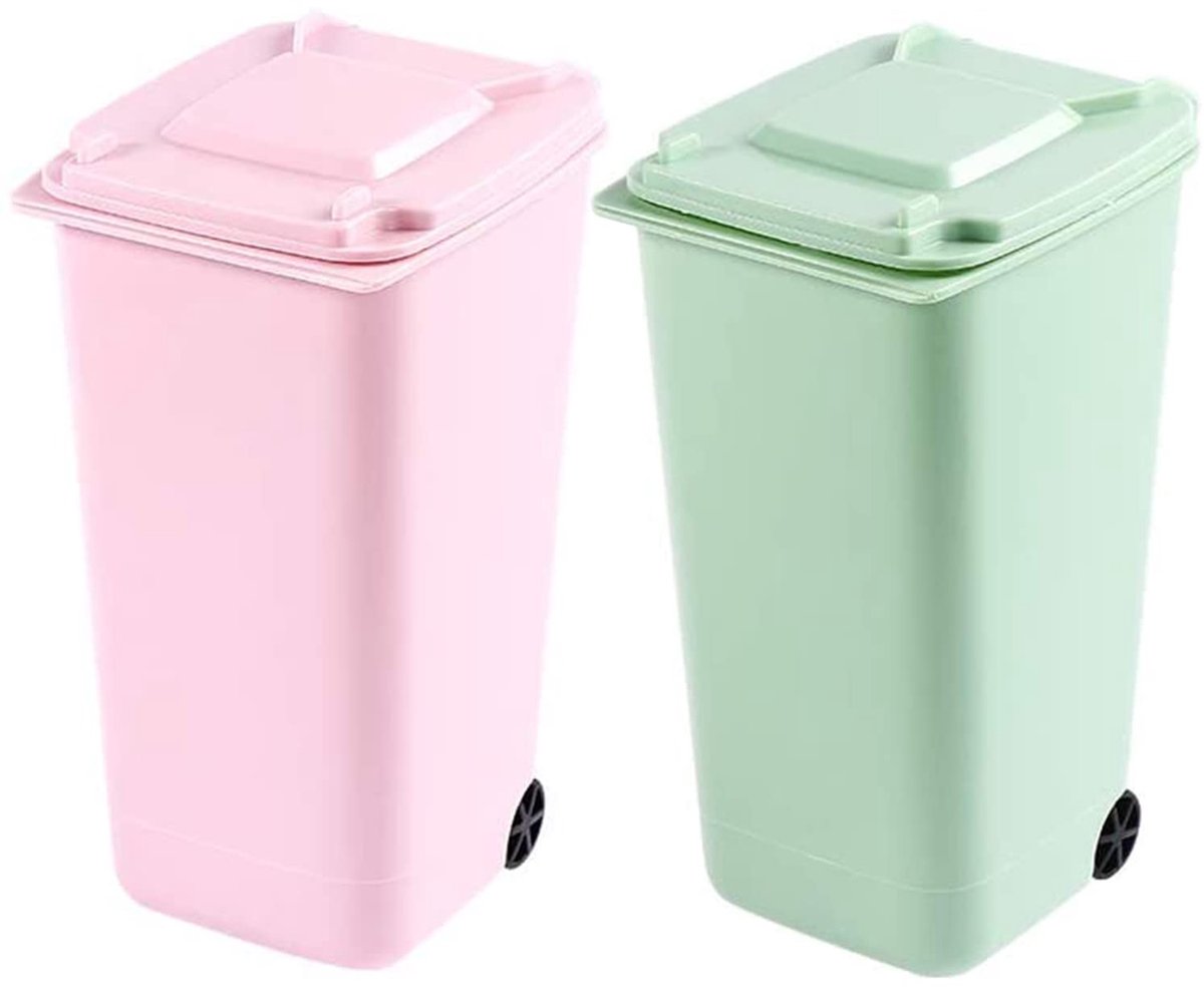 SnelShoppen - 2 Stuks Mini Plastic Afvalbak met Draaideksel en Wielen, Desk Organizer voor Kantoor, Slaapkamer en Bureau, Robuuste ABS Materialen, 15.