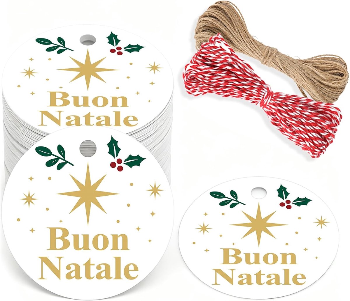 SnelShoppen - 100 Stuks Merry Christmas Labels Italiaans - Witte Labels voor Kerstcadeaus, 5.5 cm, voor Cadeauverpakking, Kerstboom, DIY en Winterdeco