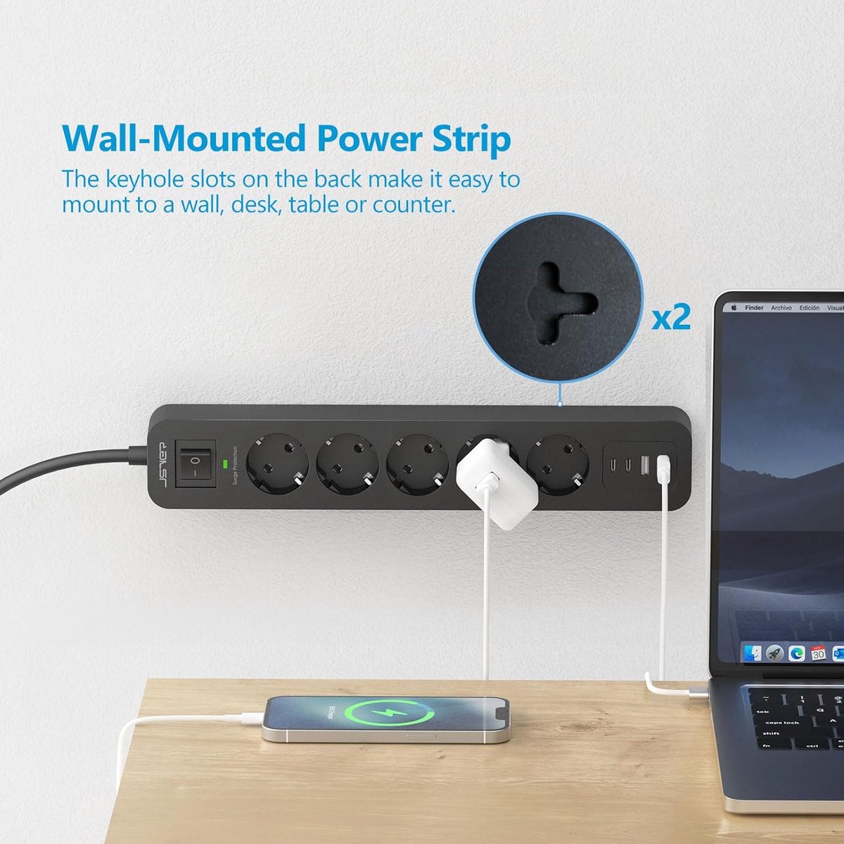 SnelShoppen - Meerdere Stekkerdozen met 5 Stopcontacten, Overspanningsbeveiliging, 4 USB Oplaadpoorten (5V 3.4A), USB Powerstrip met Schakelaar, 2m Ka