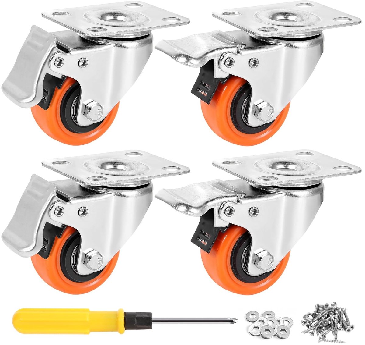 SnelShoppen - 4x Zwenkwielen 2 Inch Dubbele Slot Casters, 600 Lbs Draagvermogen, Oranje Polyurethaan Wielen, Geluidloze en Duurzame Rollen voor Carts,