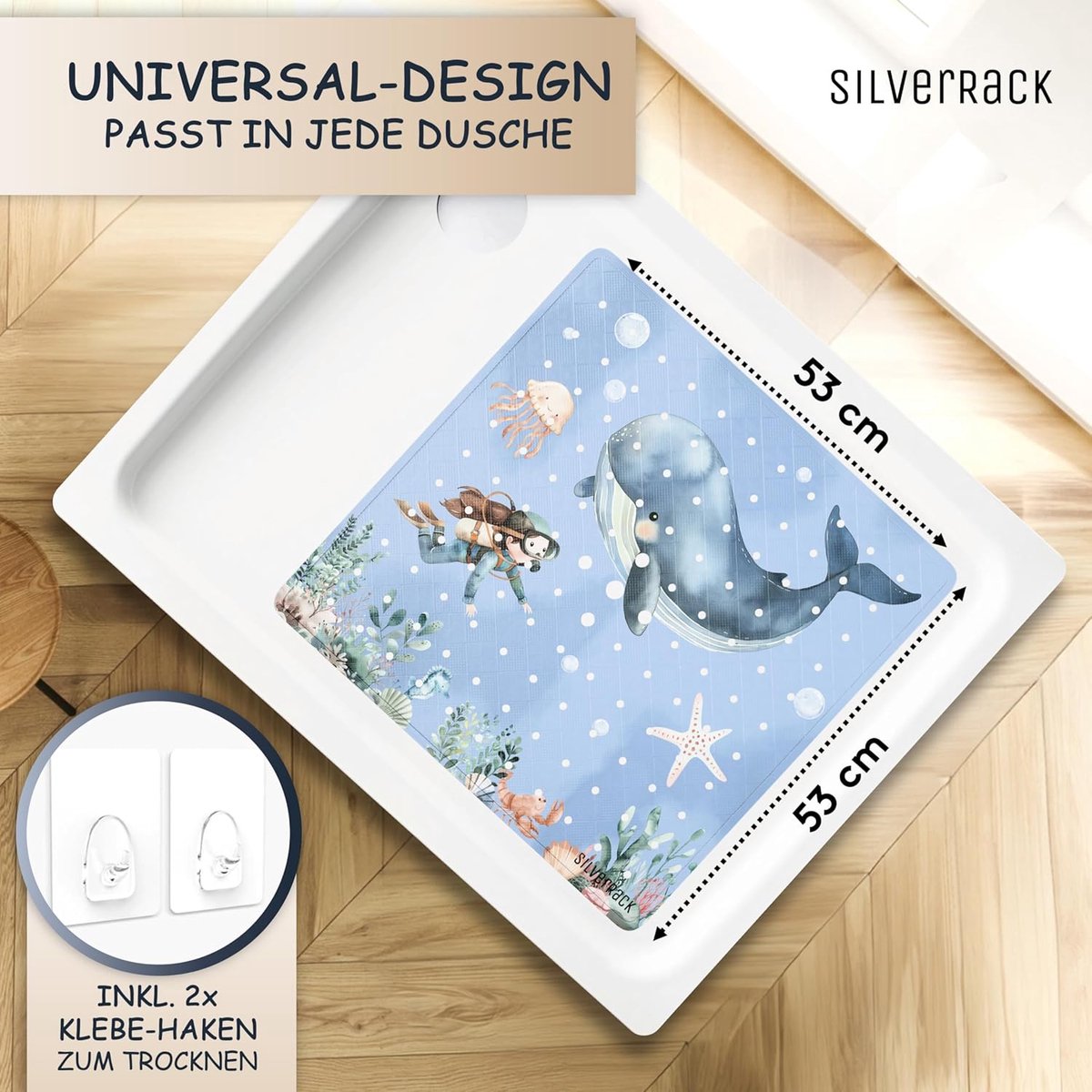 SnelShoppen - Kinderdouchemat Antislip 53x53 cm - Onderwater Wereld Blauw - Machinewasbaar en Schimmelbestendig - Veilig voor Bad of Douche