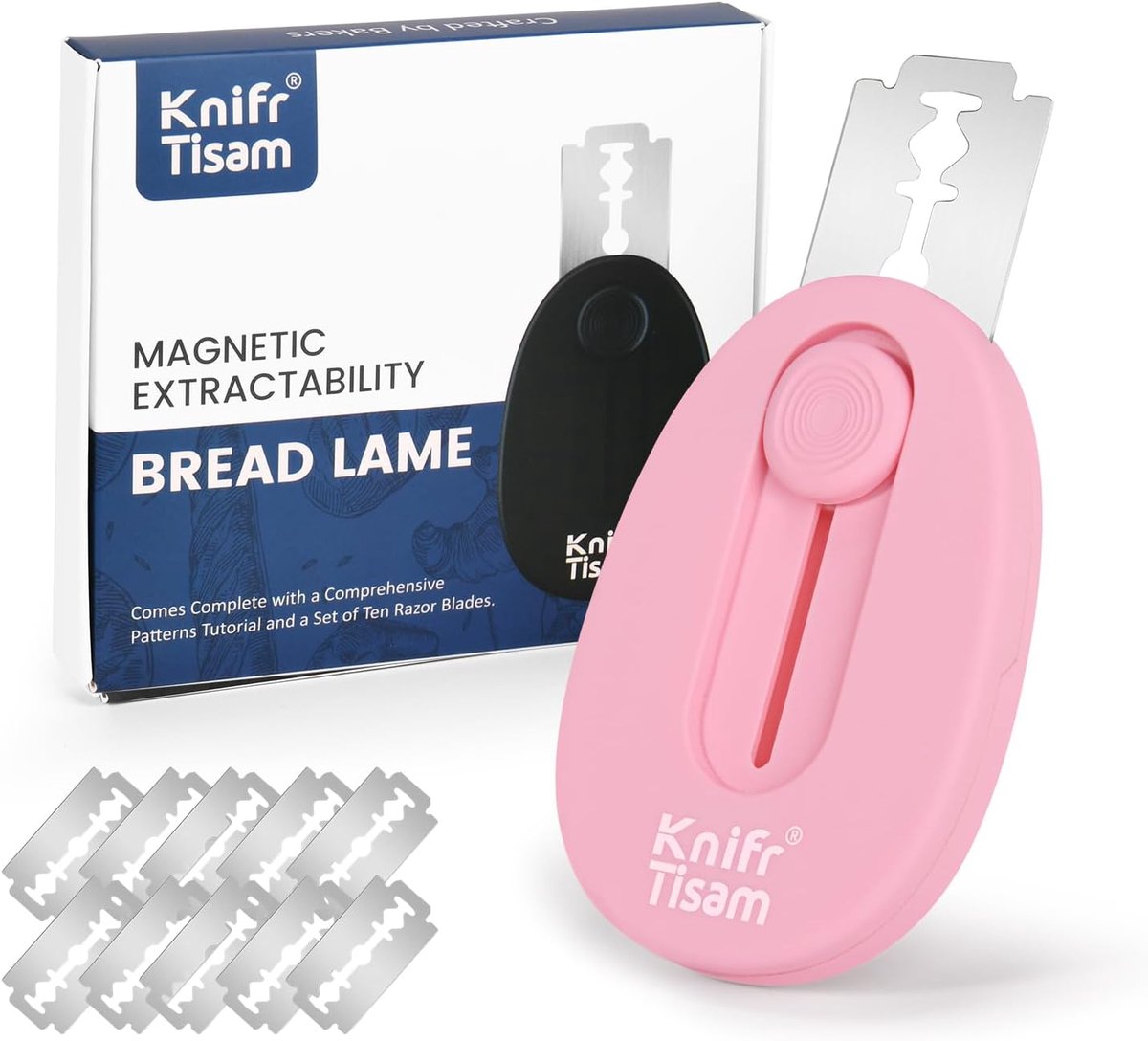 SnelShoppen - Bakmes, Broodmes met 10 Razor Blades, Draagbare Brood- en Rolaccessoire, Hoogwaardige Plastic Handgreep, 304 RVS, Perfect voor Keuken, F