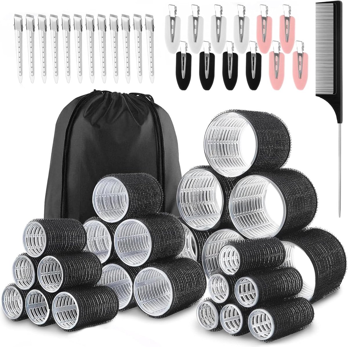 SnelShoppen - Caija-H Haarrollers Set van 50 - Milieuvriendelijk Nylon - 4 Maten (60, 45, 36, 25 mm) - Inclusief 24 Clips - Perfect voor Volumineuze K