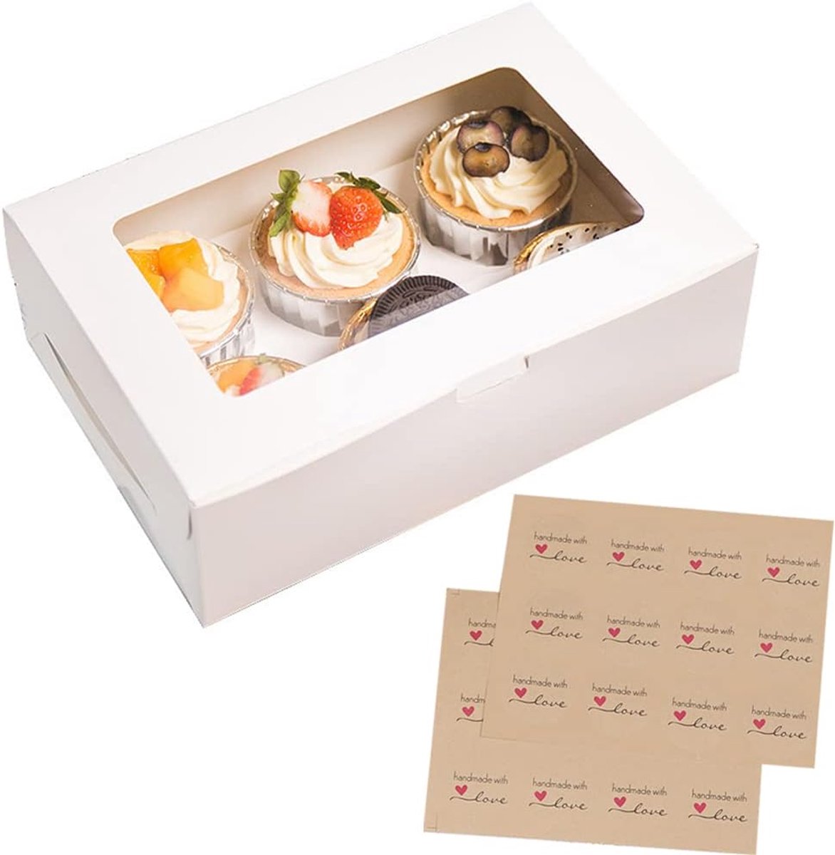 SnelShoppen - 15 x 6 Cavity Cupcake Boxes met Venster en Inserts - Hoge Kwaliteit Witte Karton - Perfect voor Feest, Verjaardag, Bruiloft - 24 Sticker