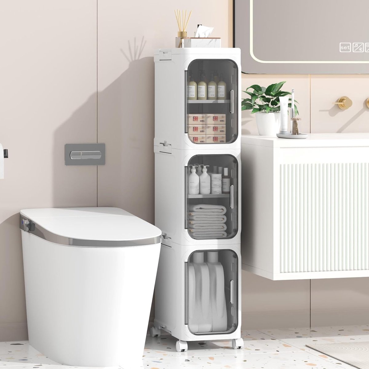 SnelShoppen - Narrow Bathroom Cabinet, Freestanding Plastic Storage Unit with Door, Waterproof Small Trolley met Wielen voor Keuken, Badkamer, 21x97x3
