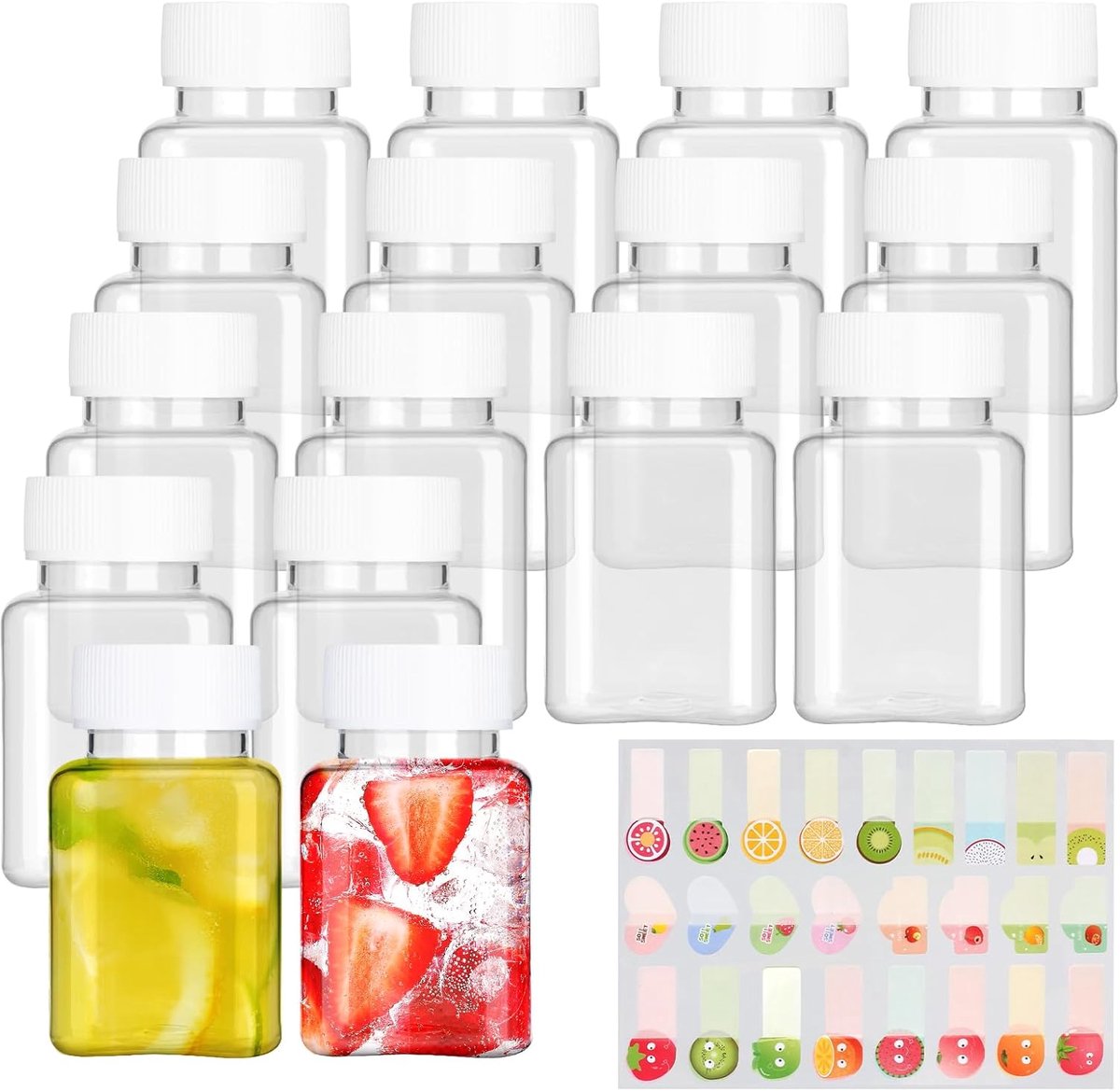 SnelShoppen - 16 Plastic Sapflessen 100 ml met Stickers, Herbruikbare Mini Drankflessen voor Feest, Camping, Kinderen, Keuken - Veilig en Lekvrij