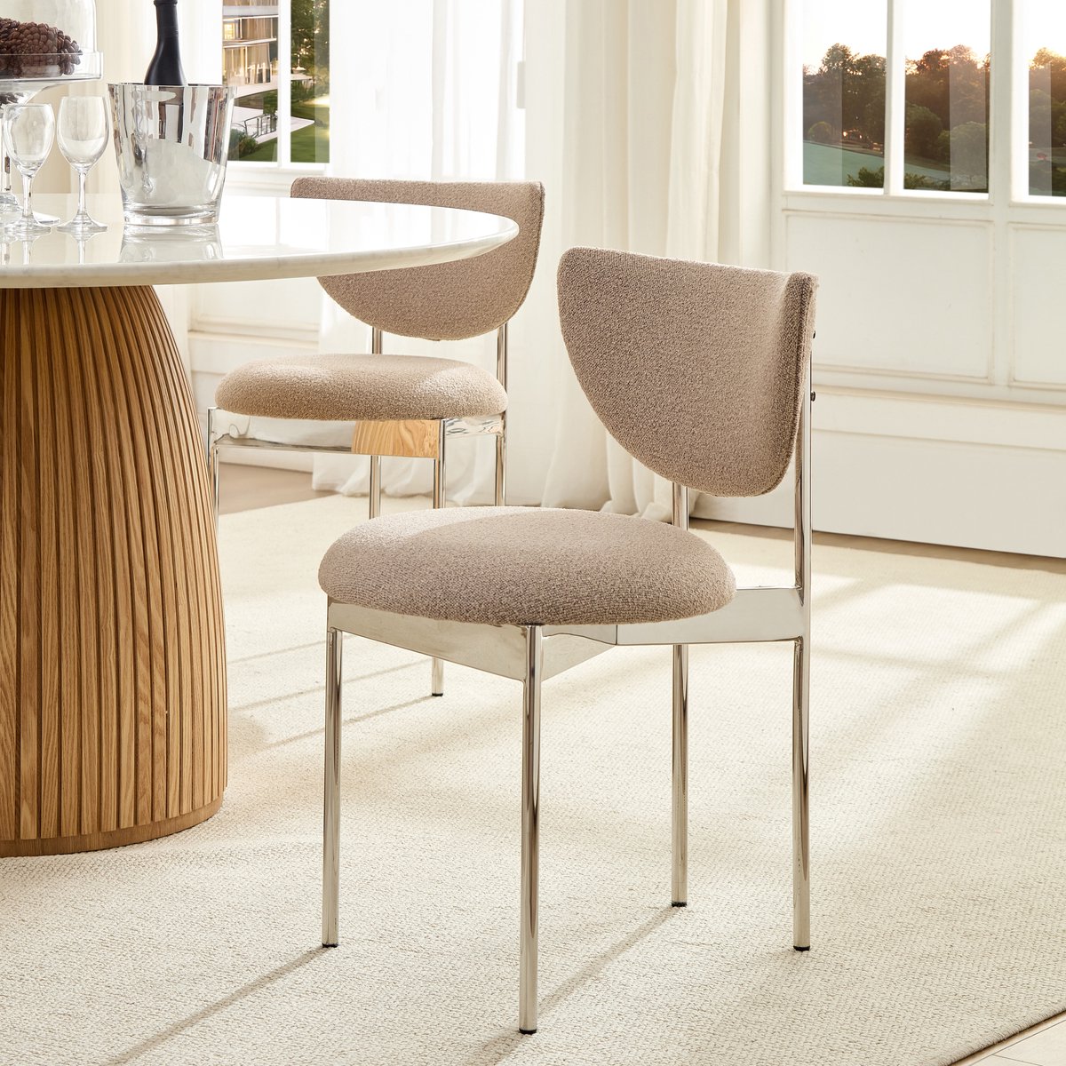 COVREO Eetkamerstoel set van 2 75 x 45 cm - licht khaki, stof en RVS onderstel