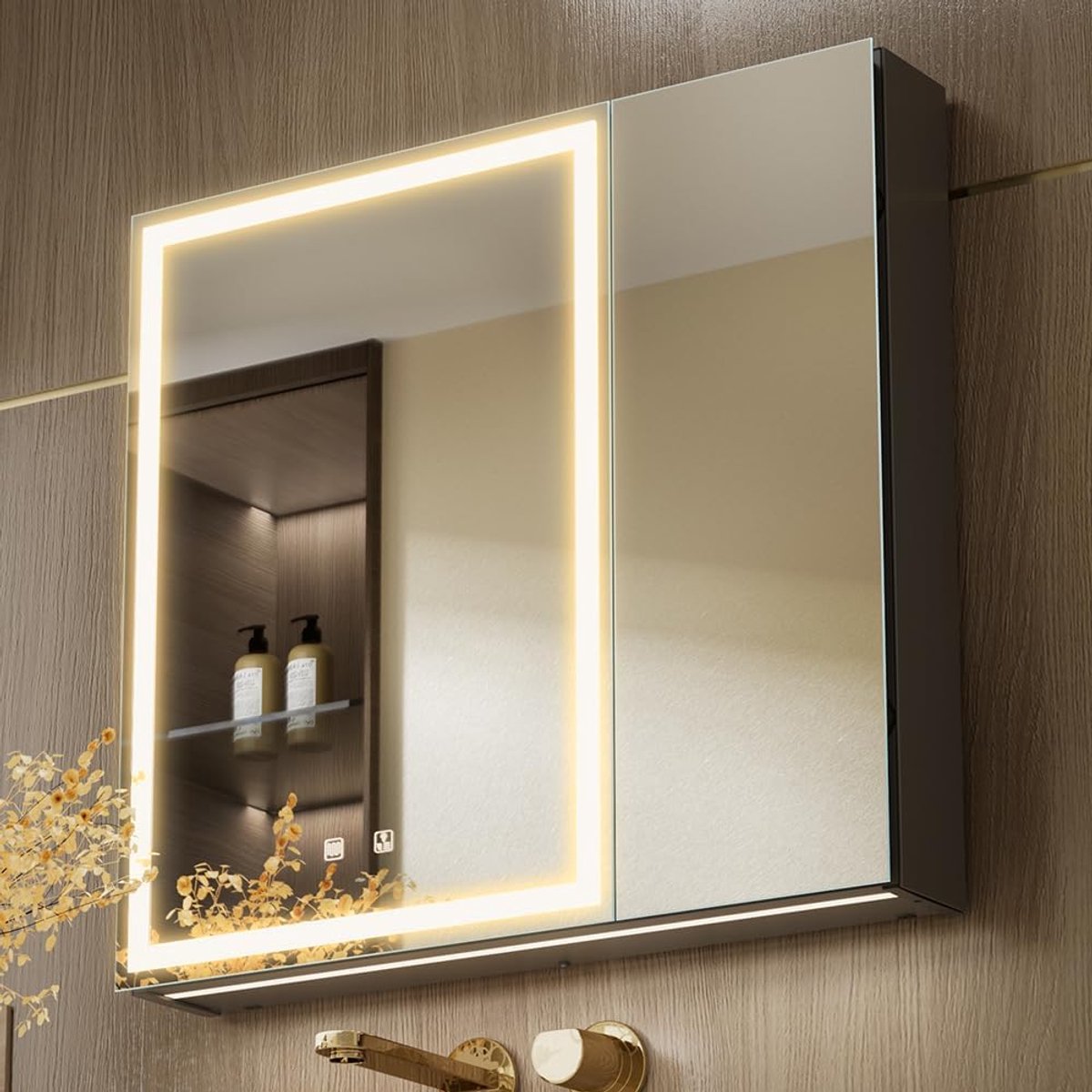 SnelShoppen - LED Spiegel Medicijnkast 75x70cm met Verlichting, Dimbare Drie-kleurige Makeup Spiegel, USB en Stopcontacten voor Badkamer & Slaapkamer