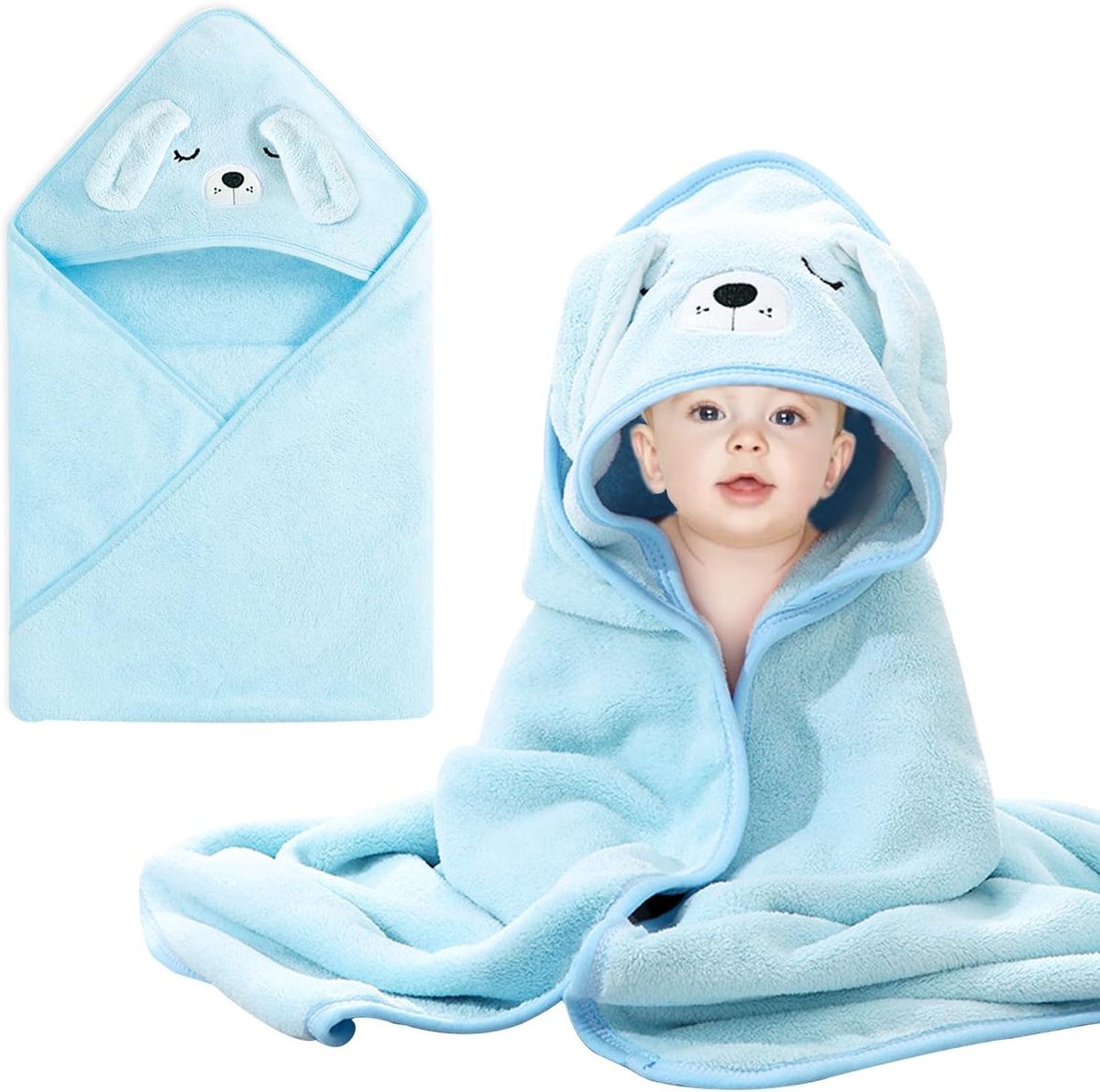 SnelShoppen - Baby Badcape met Kap 80 x 80 cm, Schattige Dierenprint in Cuddly Coral Fleece, Blauw Puppy voor Pasgeborenen, Perfect voor Bad- en Zwemm