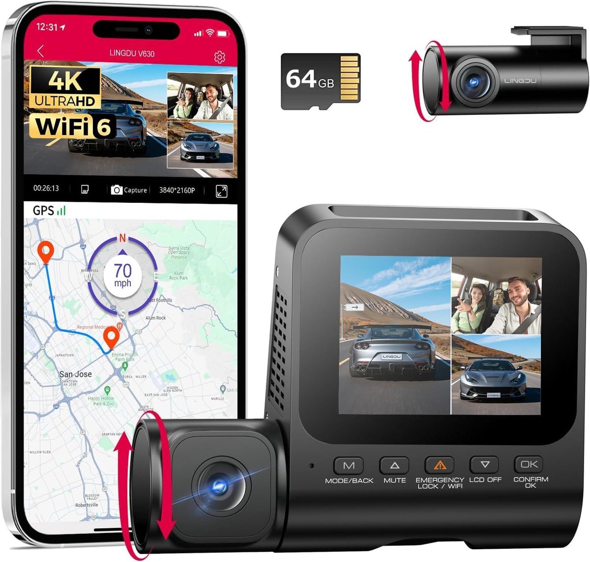 SnelShoppen - V630 Dashcam 4K + 1080p + 1080p, Mini Auto Camera met 2.4 Inch IPS, GPS, 24 Uur Parkeerbescherming, Ultra Nachtzicht en 170° Hoek