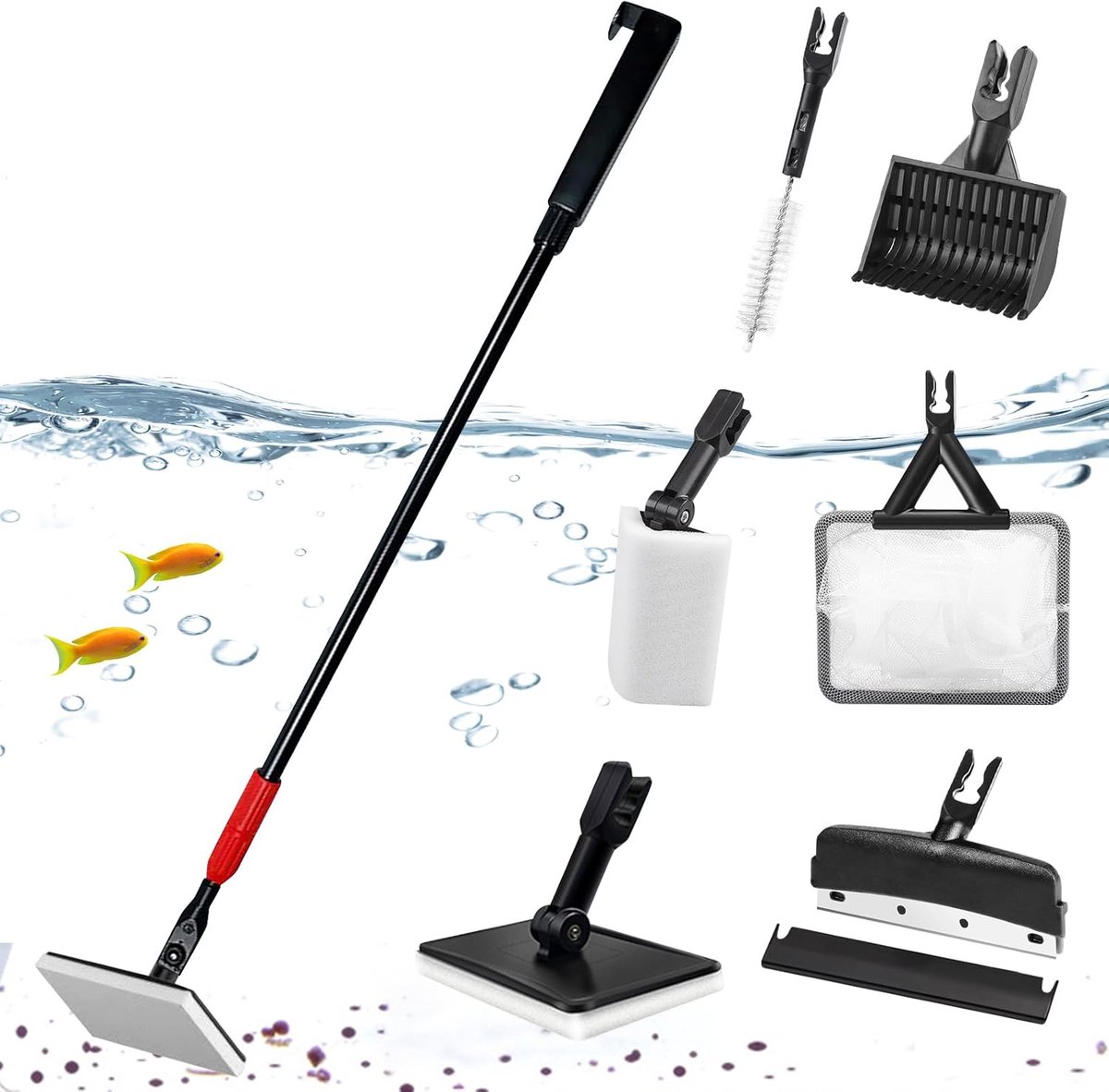 SnelShoppen - Aquarium Reinigingsset 6-in-1 met Afneembare Stang, Visnet, Algenschraper, Sponsborstel, Zandhark - Professionele Reiniging voor Zoetwat