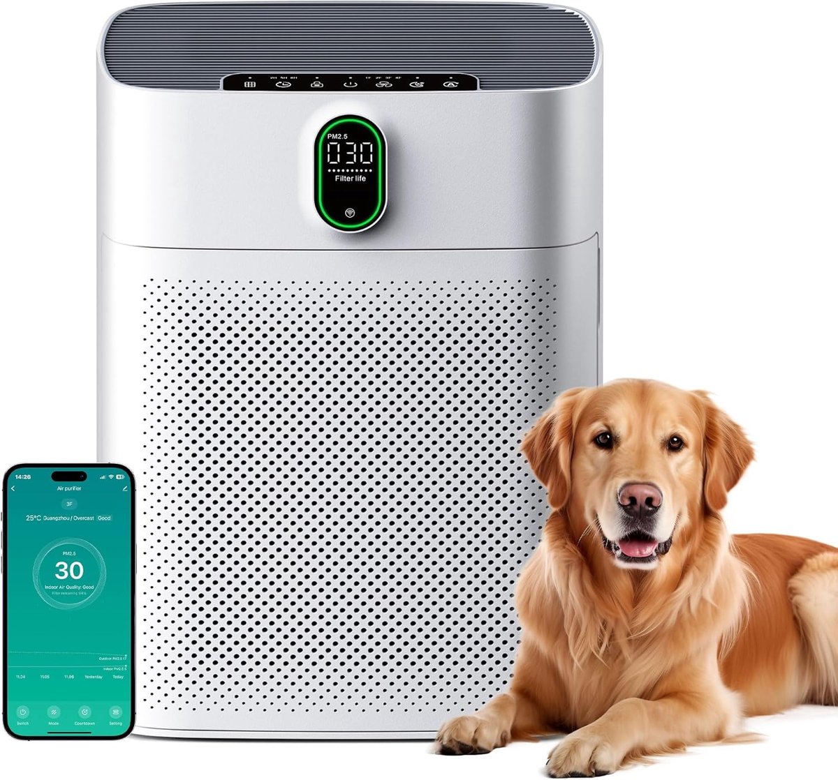 SnelShoppen - Luchtreiniger voor Rookruimtes, HEPA-filter 300 m³/h, Hypoallergeen, 24 dB Stil, Timer, Luchtkwaliteitsfeedback, Automodus, Wit, Voor Th