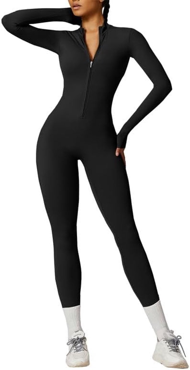 SnelShoppen - Dames Yoga Jumpsuit, Sportpak Longsleeve Unitard, Rekbare Playsuit met Rits, Slim Fit One-Piece, Zacht Aanvoelend Fitness Sportkleding v