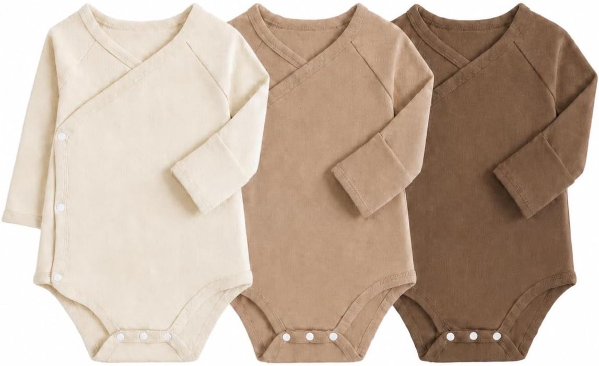 SnelShoppen - 3 Stuks Baby Jongens Meisjes Bodysuits Lange Mouw 100% Katoen Baby Grow Wrap Vesten Set voor Pasgeborenen tot 12 Maanden