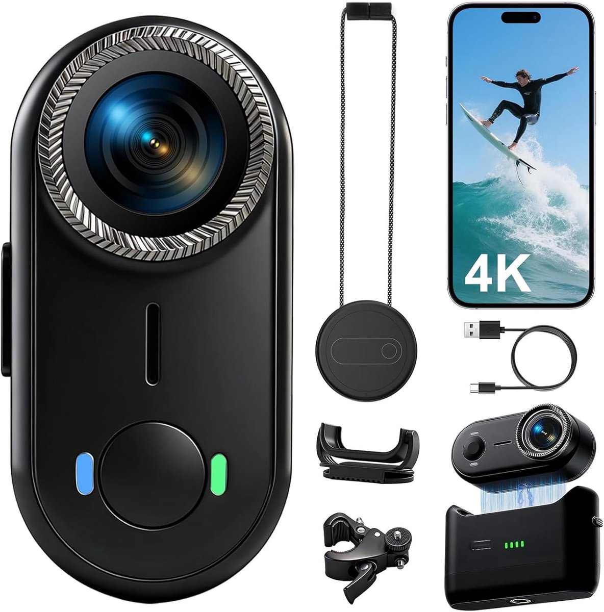 SnelShoppen - 4K Actiecamera Sportcamera Waterdicht tot 10m Mini Bodycam met 64GB Geheugen, 6-assige Gyroscoop EIS Beeldstabilisatie en Fietshouder