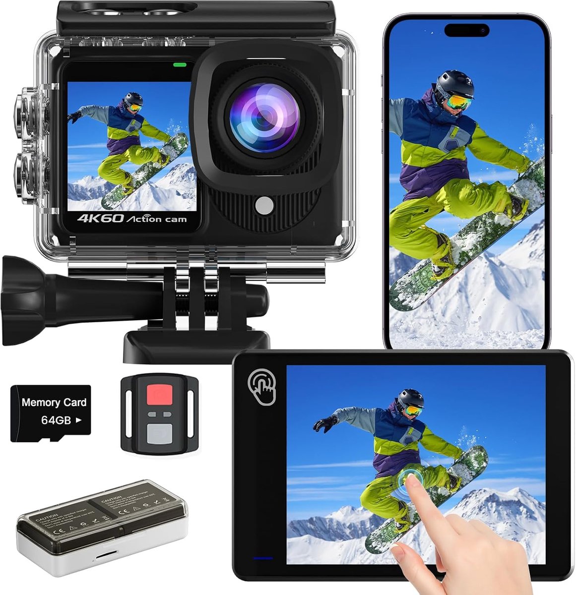 SnelShoppen - Touchscreen 4K60FPS Action Cam met 64G-kaart, 40M Onderwatercamera, 48MP HD Wifi-camera met EIS, 8X Zoom, Waterdichte Sportcamera met 2