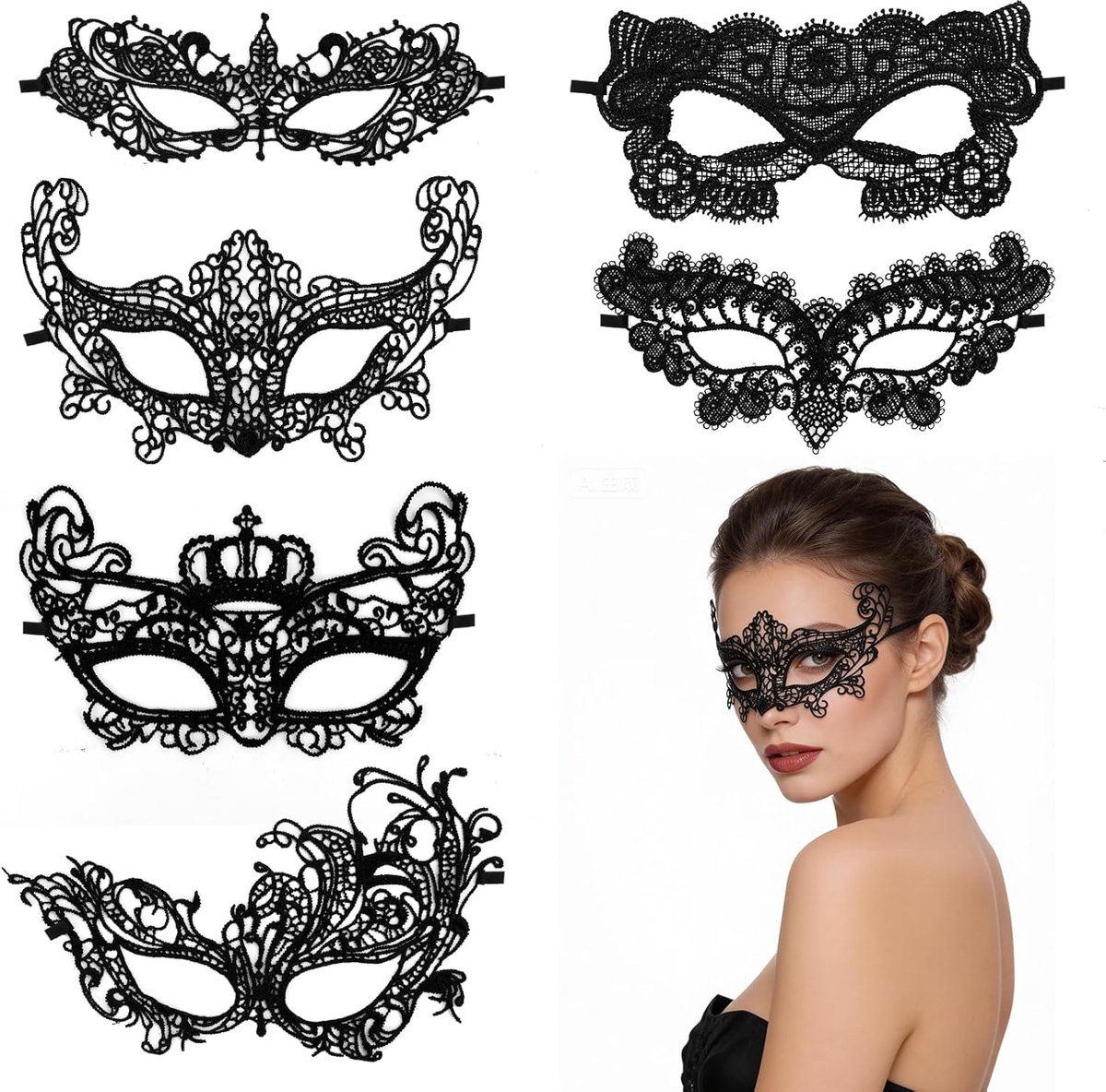 SnelShoppen - 6 Stuks Zwart Kanten Masker - Sexy Venetiaans Oogmasker voor Dames - Perfect voor Halloween, Carnaval, Avondjurk, Dans, Bal, Party en Va