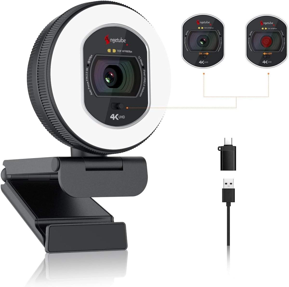 SnelShoppen - 4K Webcam met Licht - Streaming Camera voor PC, 1080P 60FPS, Dubbele AI Ruisonderdrukkende Microfoon, Autofocus, Ingebouwd Privacyscherm