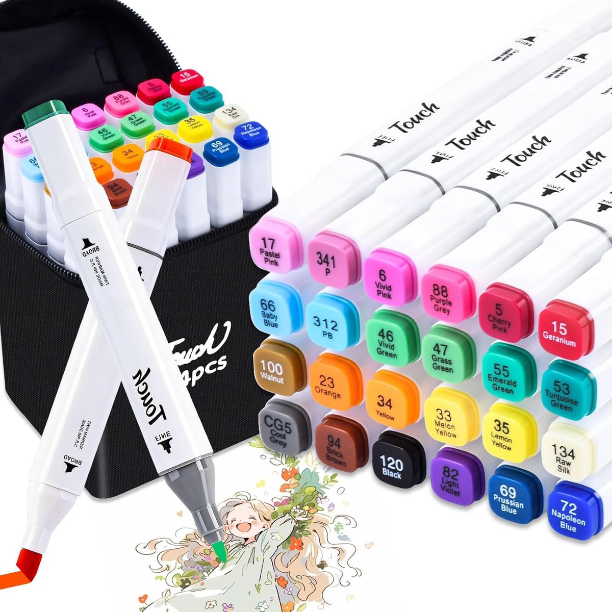 SnelShoppen - Alcohol Marker Set 24 Kleuren met Penseelpunt en Dubbele Punt - Perfect voor Illustreren, Kleuren en Creatief Ontwerpen - Brede en Fijne