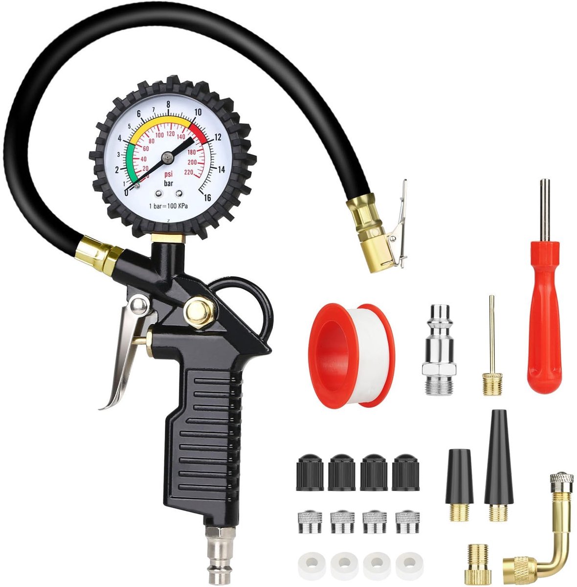 SnelShoppen - Bandenspanningsmeter 220 PSI Multifunctionele Bandenpomp, Luchtdrukmeter met Ventielkern Gereedschap, Compressor Accessoires voor Auto,