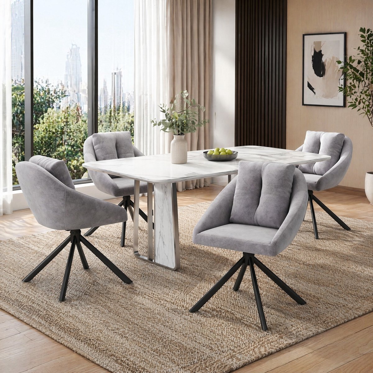 COVREO Eetkamerstoel 79 x 59 cm - draaibaar, velvet, met armleuningen en wielen, grijs, set van 4
