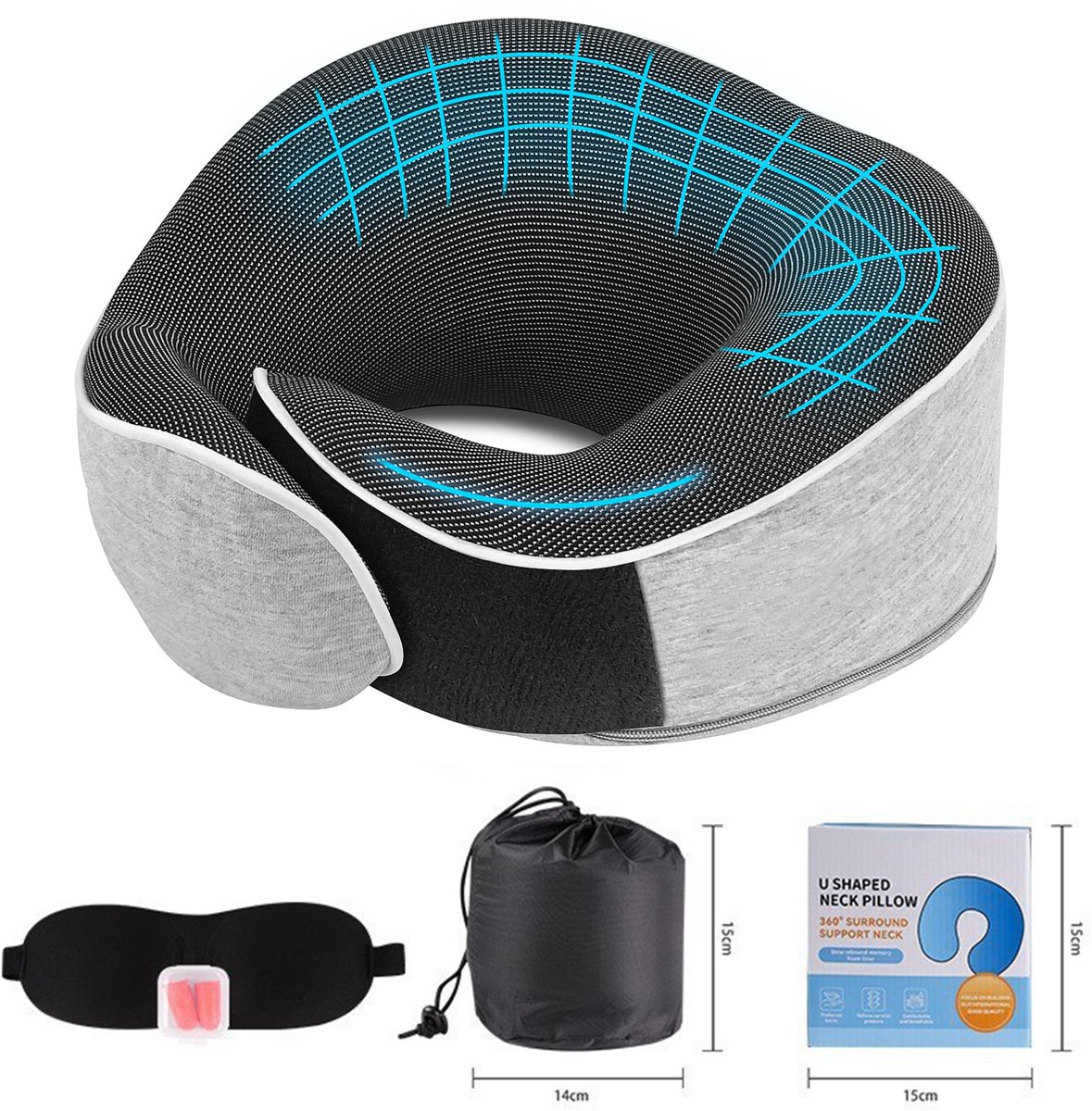 Nekkussen voor Vliegtuig, Auto en Bed - Nekkussen Memory Foam - Auto Hoofdsteun - Traagschuim - Ergonomische Neksteun - Complete Set met Slaapmasker, Oordoppen en Opbergzak