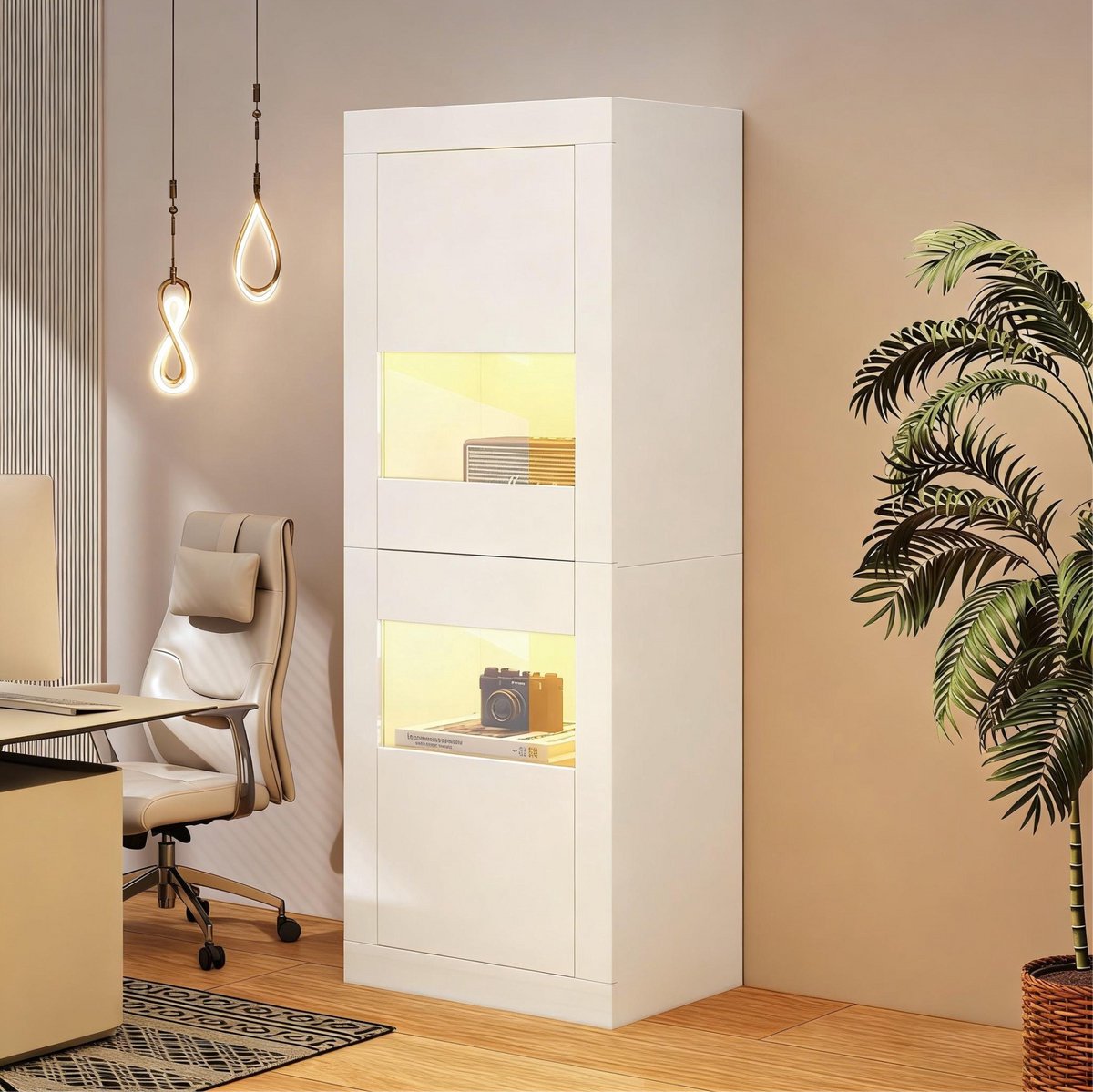 Wishdor - Vitrinekast - LED-verlichting - 2 deuren en verstelbare glasplanken - modern - woonkamer of eetkamer - houtlook en glas - wit - 61 x 42 x 162 cm