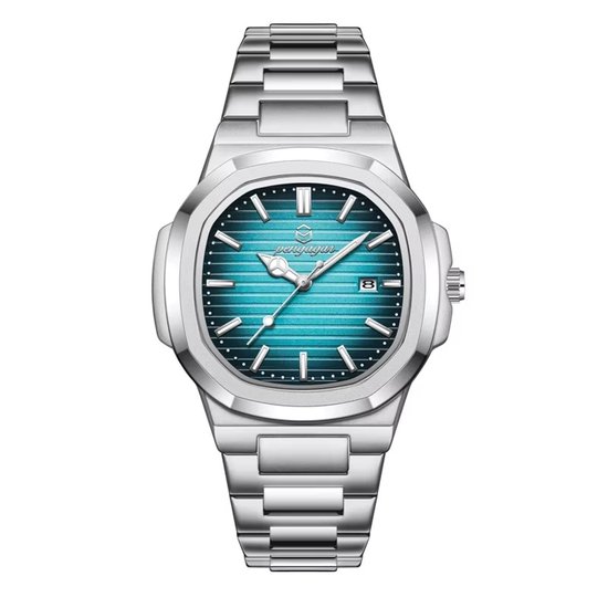 Zilverkleurig herenhorloge met een blauwgroene, gestreepte wijzerplaat en datumfunctie.