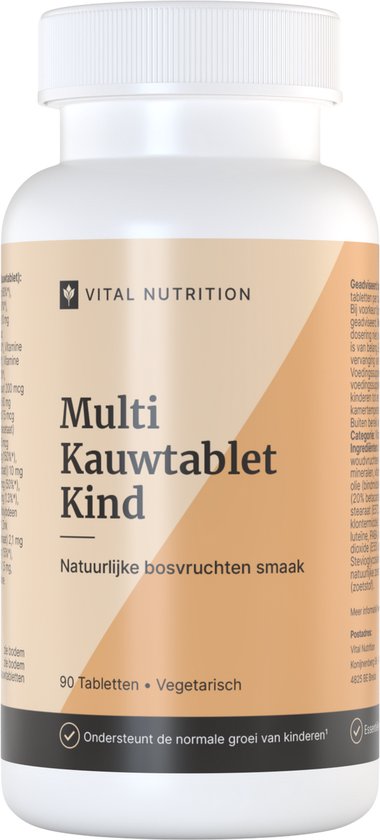 Fles Vital Nutrition Multi Kauwtabletten Kind, 90 vegetarische tabletten in bosvruchtensmaak. Suikervrij.