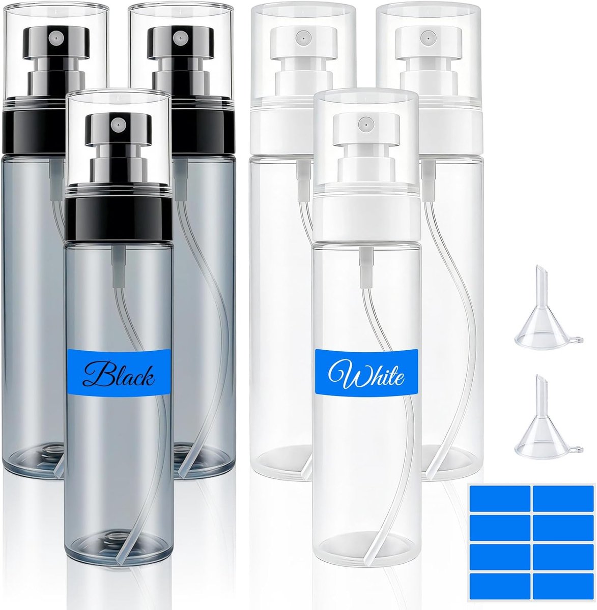 Thijox - 6 Spuitflessen 100ml, Clear Lege Mist Verstuiver Set met Etiketten, Plastic Navulbare Reisspuitflessen voor Parfum, Make-Up, Reiniging en Mee